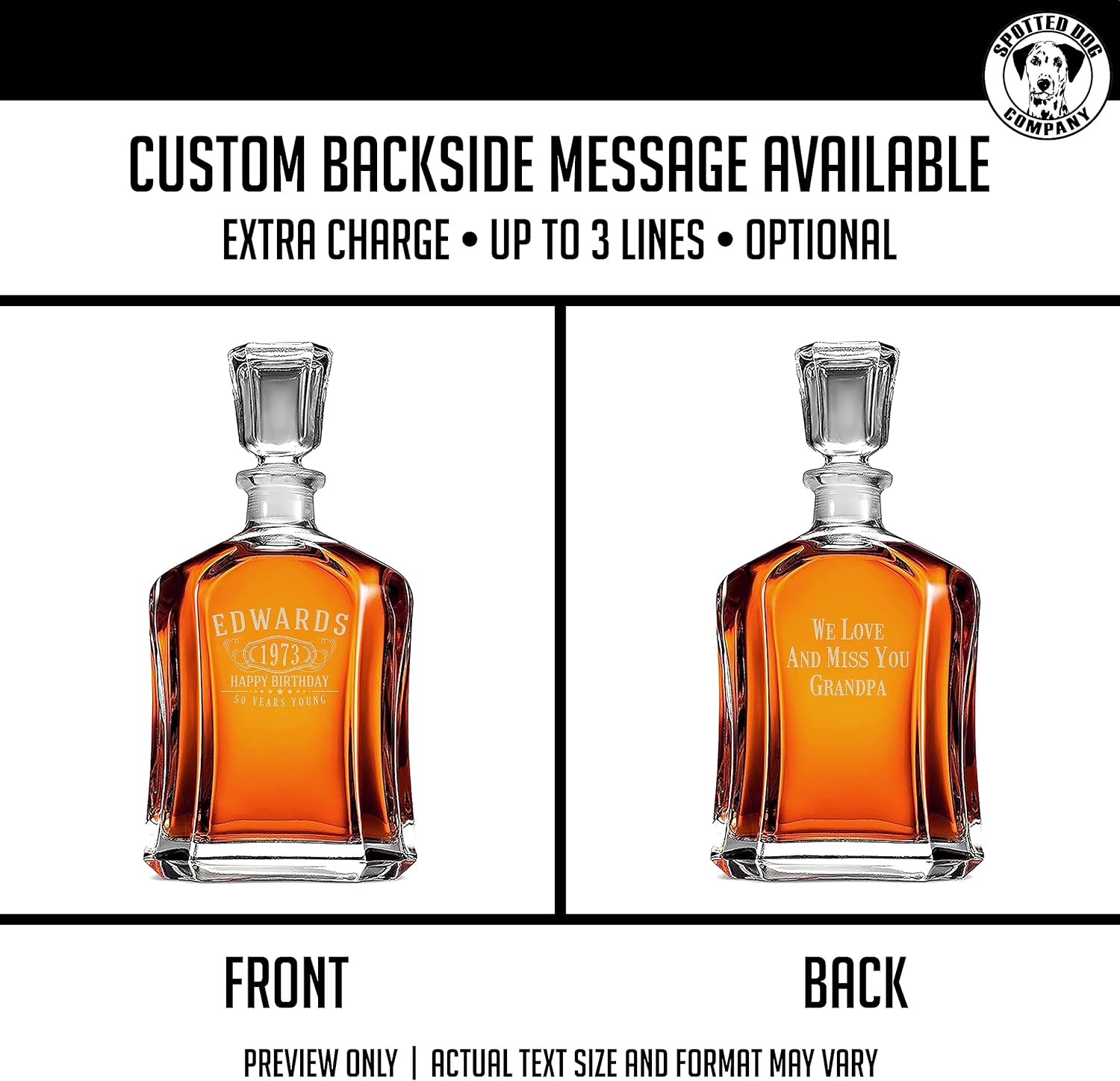 Personalized Etched Glass 23oz OG Whiskey Decanter, Custom Engraved Fathers Day Gift, Retirement, Anniversary, Housewarming, Customized Bourbon Gifts for Men, Scotch Birthday Gifts,Him,Dad, Bernard