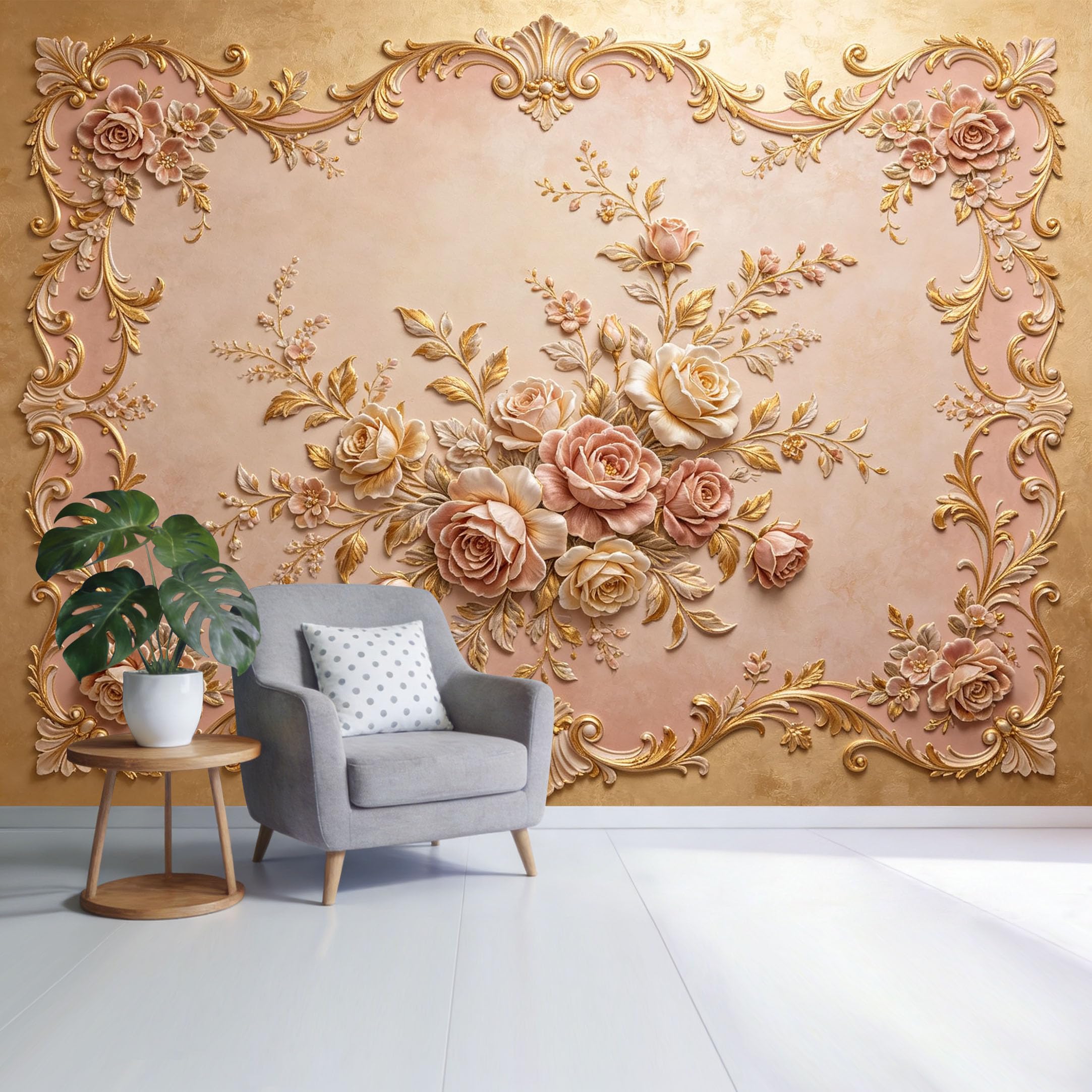 Custom Size Wall Mural Vintage Baroque Floral Rose Pattern Gold Embossed Ornamental Frame SelfAdhesive Wall Fabric Removable Wallpaper for Home Office Decor