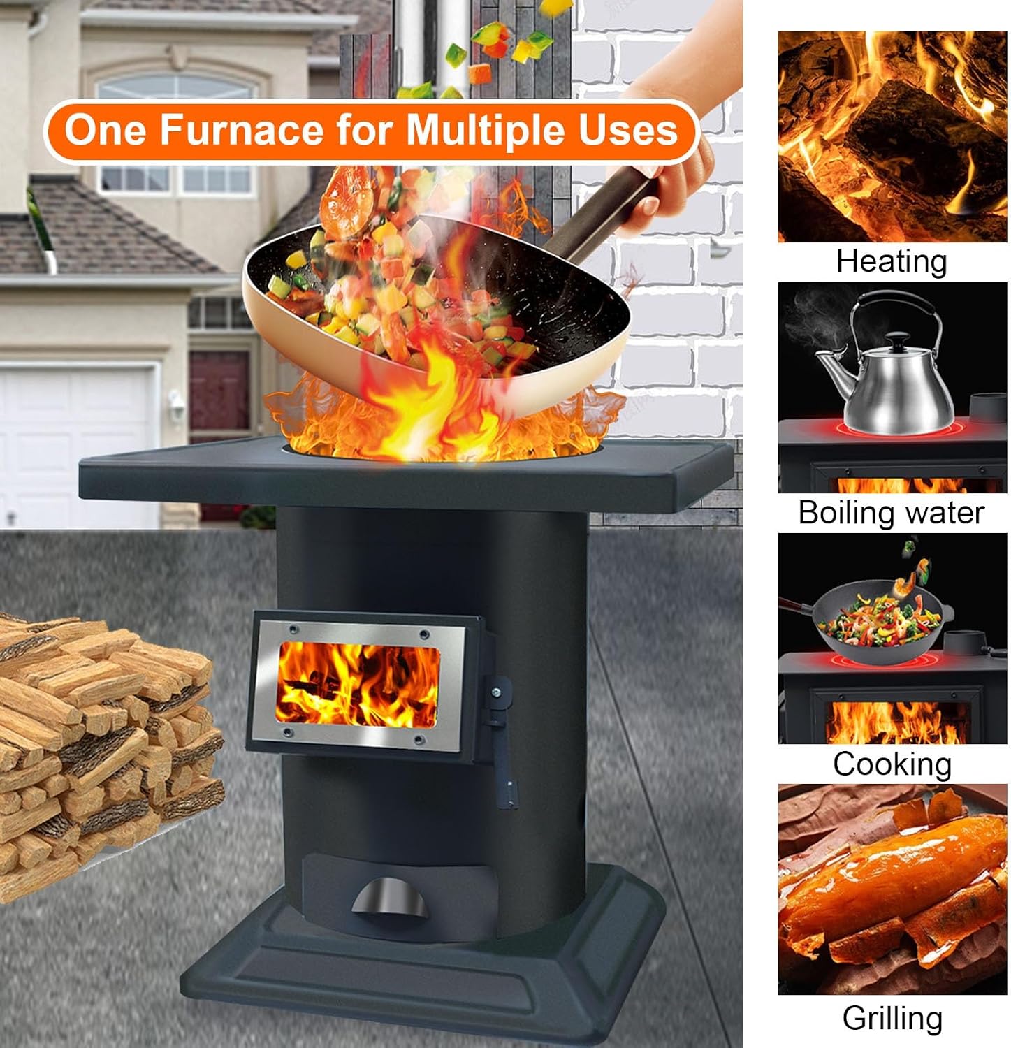 Wood-Burning Stove with Chimney, Camping Stove, Smokeless Cooker for Indoor Outdoor Heating Cooking for Tent, Courtyards, Shelter, Multi-Fuel Compatible