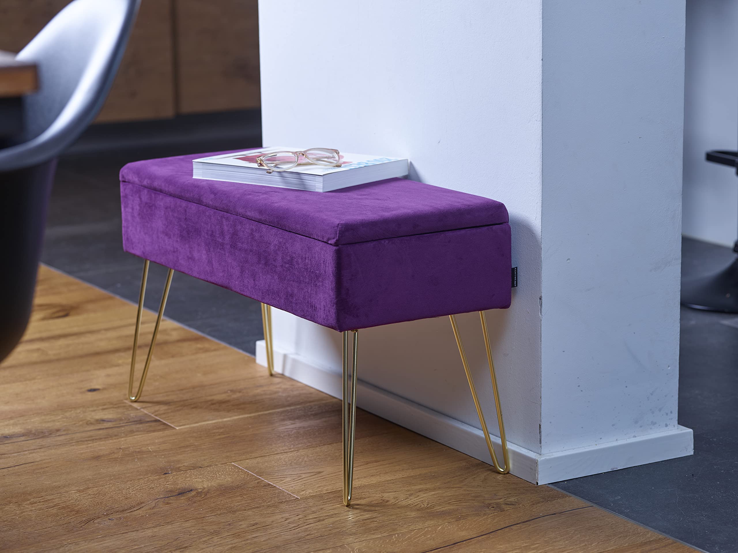 ECHTWERK Banquete Scarlett-Banco Acolchado con Funda de Terciopelo (Rectangular, con Espacio de Almacenamiento, Patas de Metal, Baya), Mezcla de poliéster, Frutas del Bosque, 75 x 30 x 42 cm