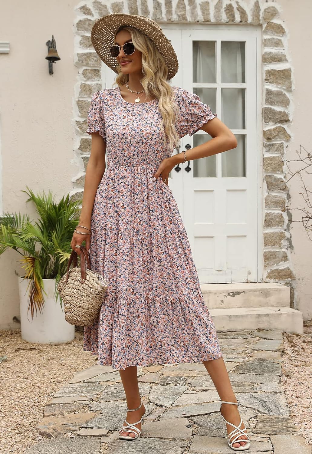 NAVINS Women Floral Print Puff Sleeve Tiered A-Line Swing Midi Dress with Pockets NA1002 - Image 6