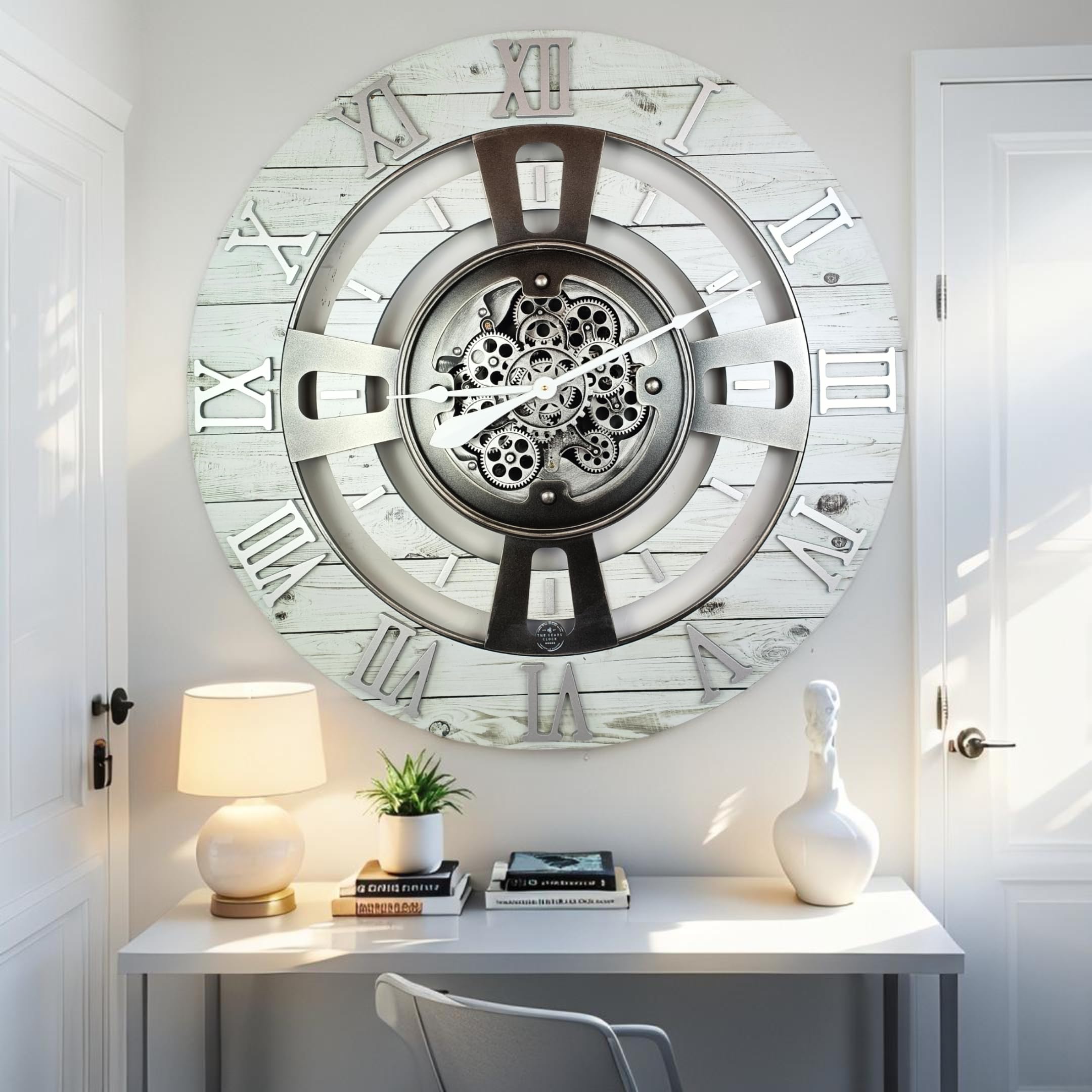 ImprovingLife El Reloj de Engranajes Reloj de pared con engranaje de movimiento real, línea de Inglaterra (Granja rústica blanca, 60 cm (24 pulgadas))