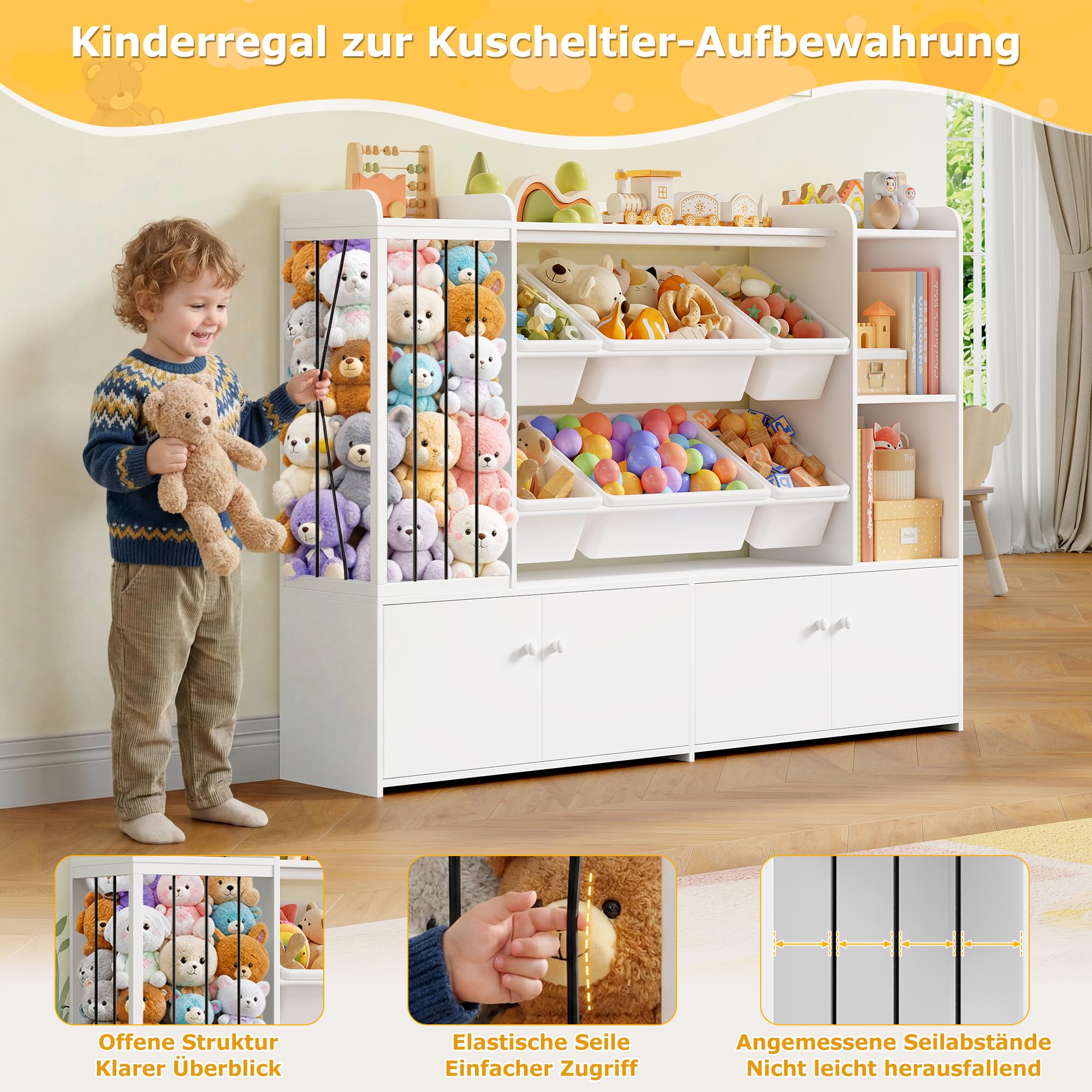 FOREHILL 137cm Breit Kinderregal, Kuscheltier Aufbewahrung, Bücherregal Kinder mit 6 Spielzeugkisten, Spielzeugregal, Kinderzimmer Möbel,Wohnzimmer,Schlafzimmer 137,3x28x94cm Weiß