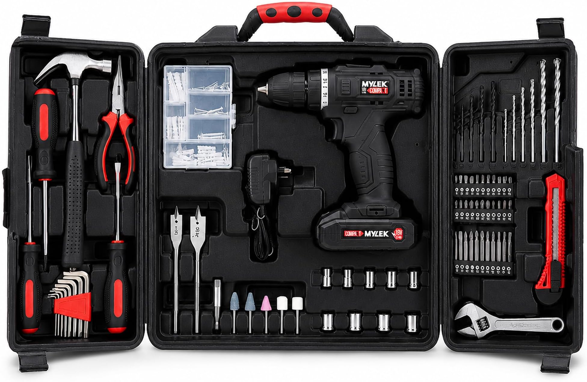 MYLEK 18V Cordless Drill Tool Set Driver DIY Electric Screwdriver Combi Drill Kit, 1500mAh Li-Ion Battery- Variable Speed, LED Light, Lightweight Design - 130-Piece Tool Accessory and Carry Case
