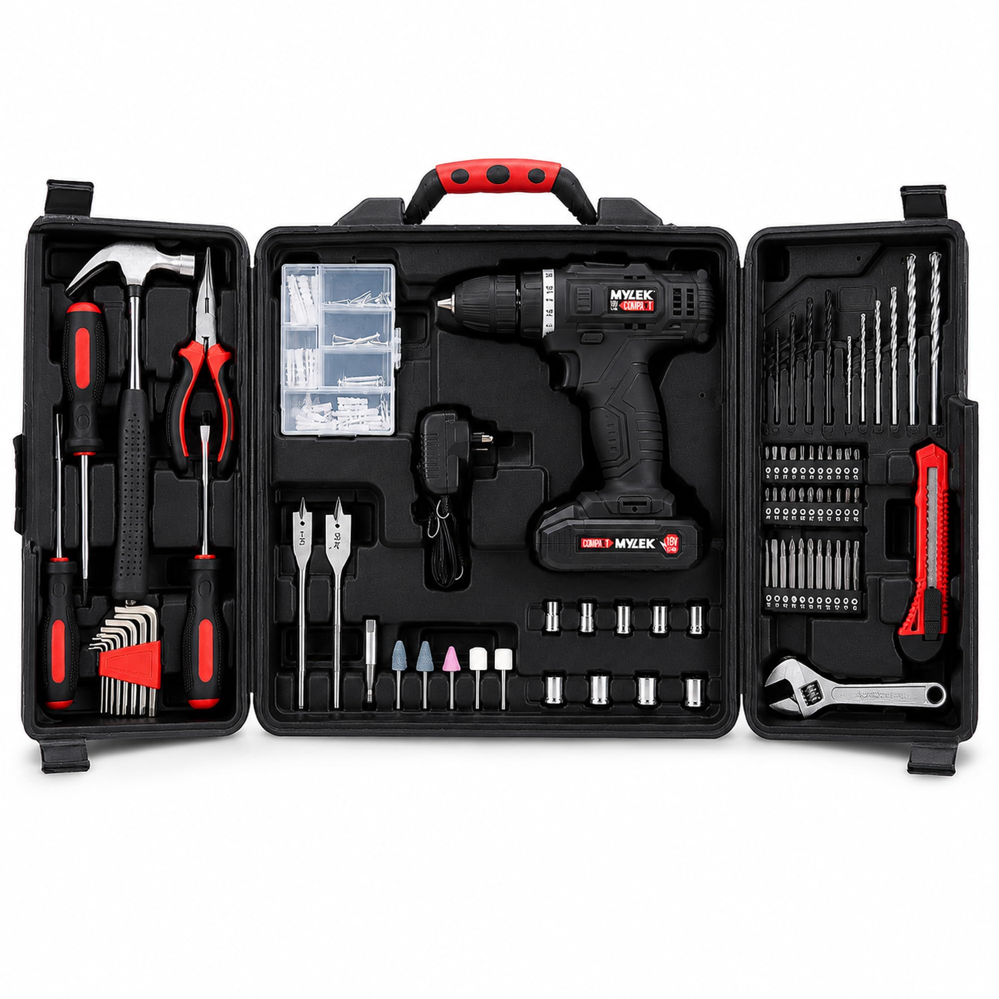 MYLEK 18V Cordless Drill with 130-Piece Tool Accessory Kit and Carry Case - Black