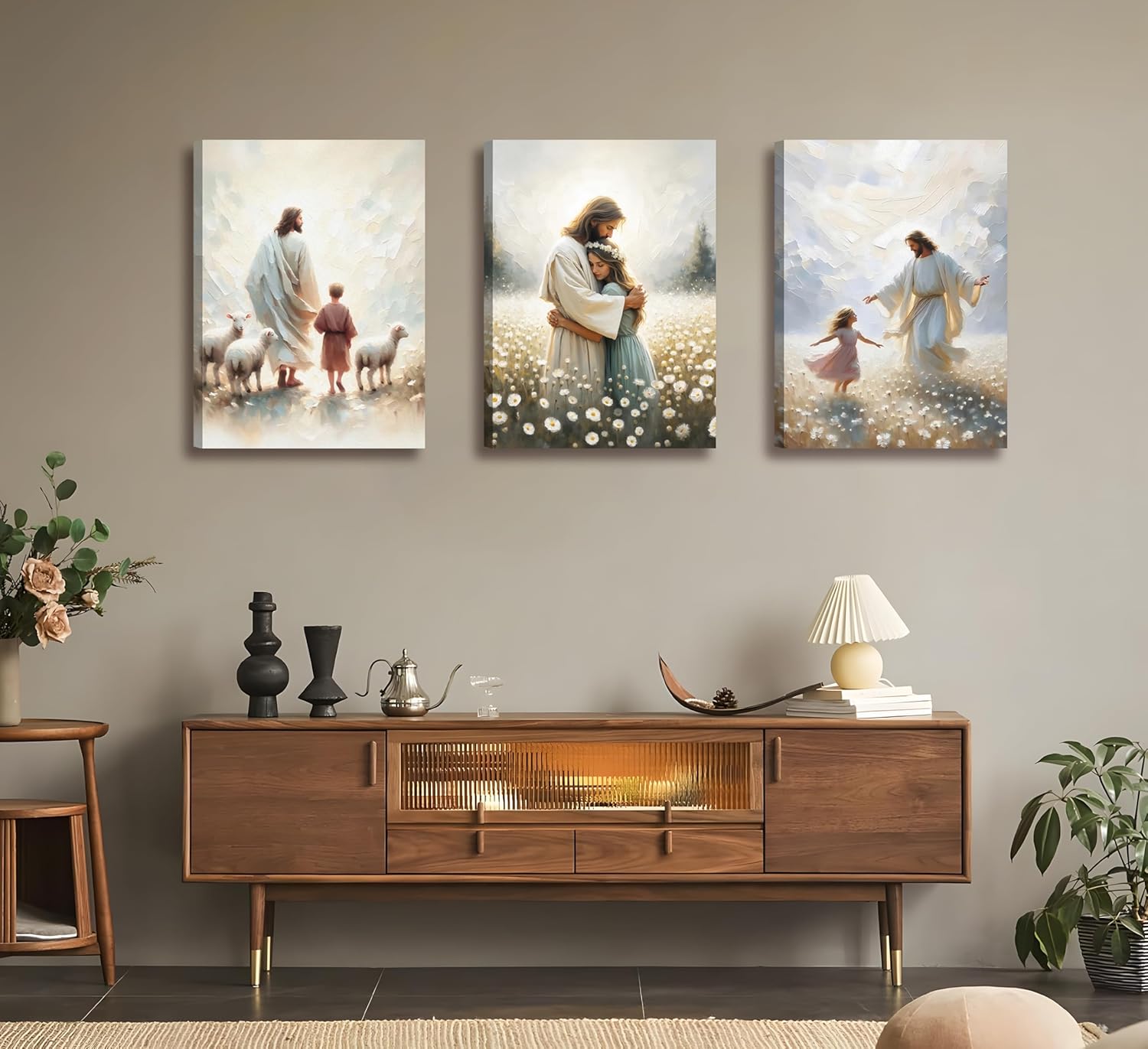 3pcs framed Christian Jesus Canvas Wall Art Jesus Embracing Children & Lambs in Flower Field Prints Poster Christian Healing Flowers Pictures for Living Room Bedroom Church Decor