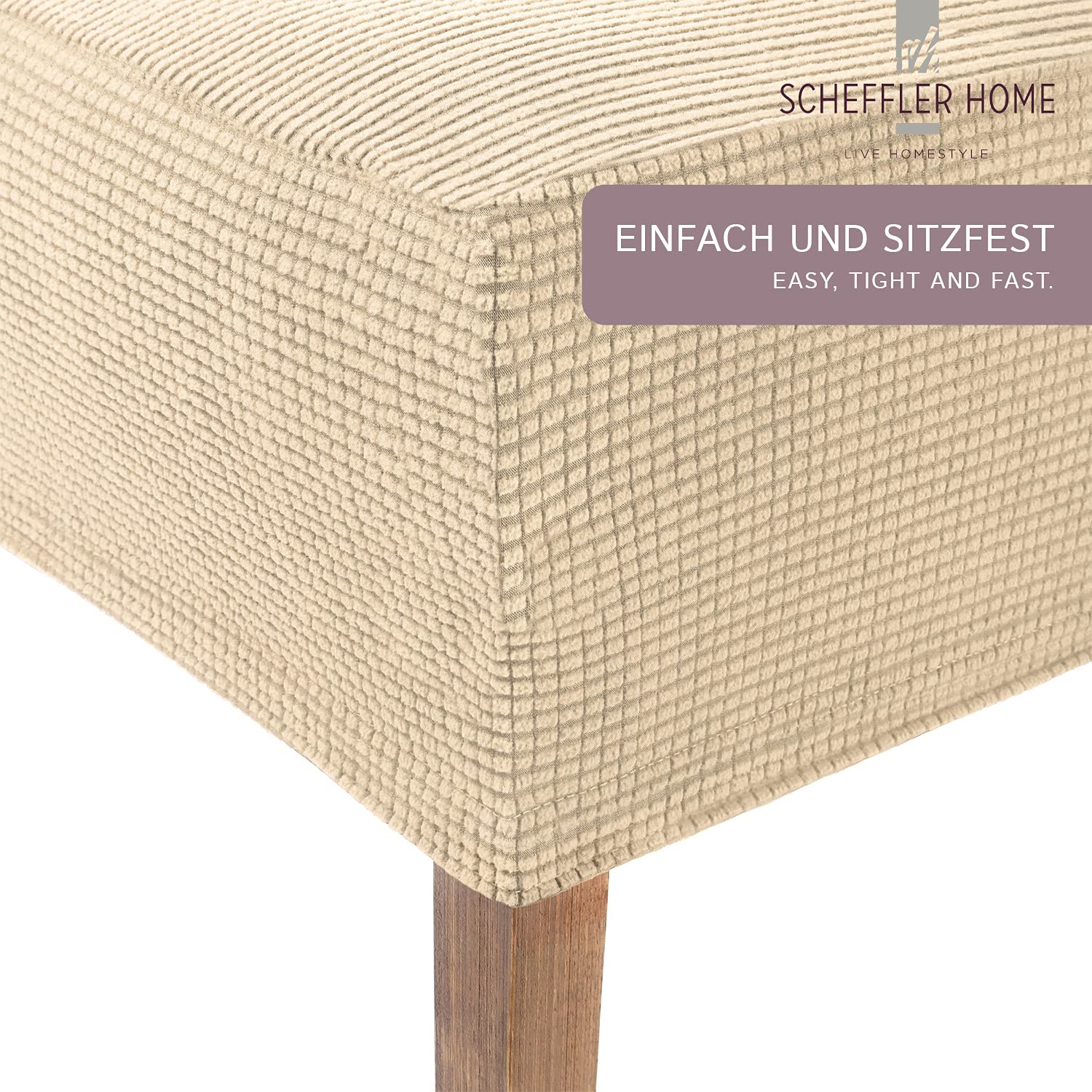 Scheffler Home Stuhlhussen Creme 6er Set Microfaser Stretch Sofia | Elastische Stuhlbezüge, waschbar und pflegeleicht, für Esszimmerstühle und Polsterstühle, Öko-Tex zertifiziert
