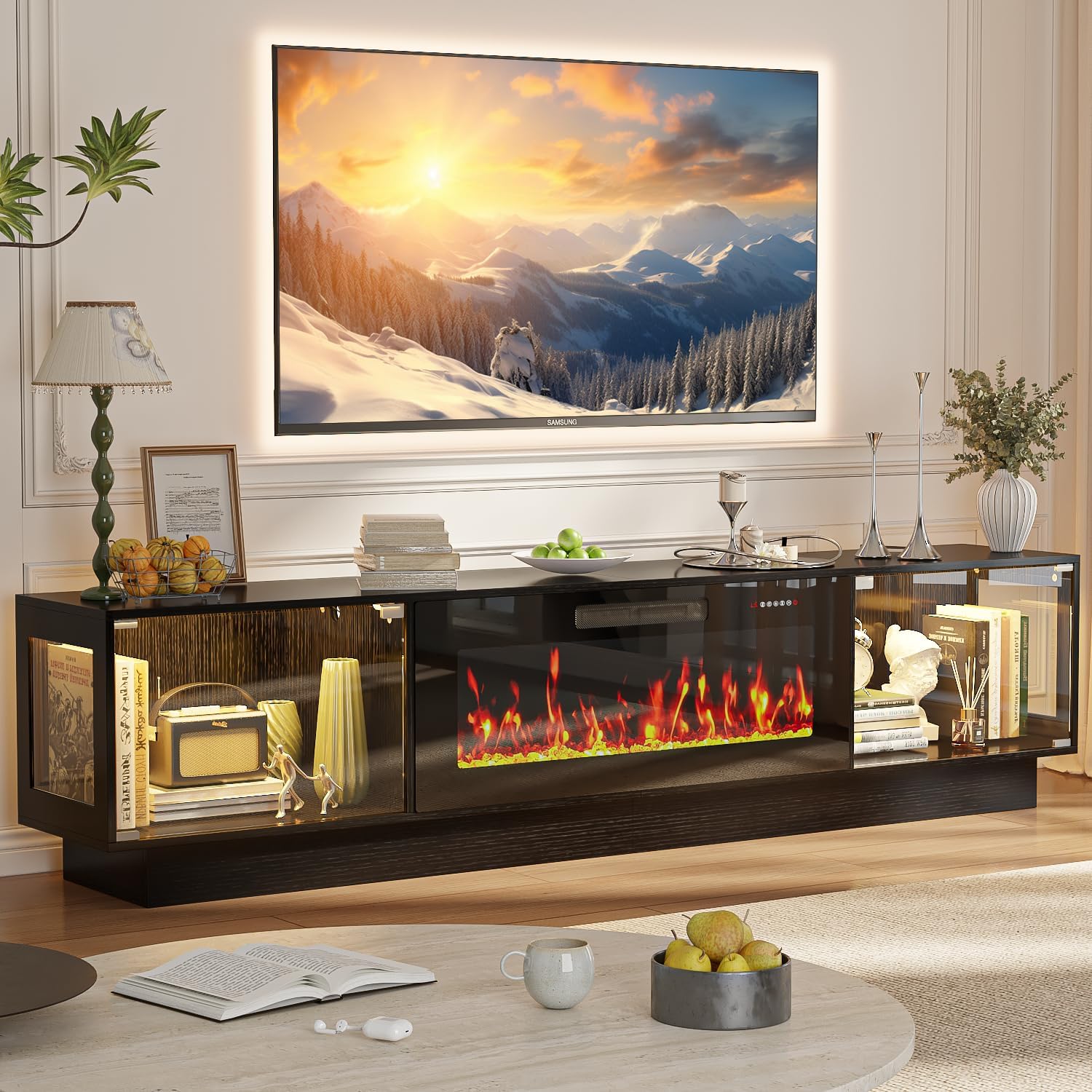 80 Inch Modern Fireplace TV Stand, Luxury TV Stand with 36" Fireplace for TVs Up to 90", Glossy Glass Doors Entertainment Center with Adjustable RGB LED Light for Living Room, Black