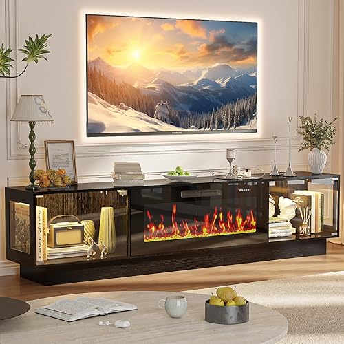 80 Inch Modern Fireplace TV Stand, Luxury TV Stand with 36" Fireplace for TVs Up to 90", Glossy Glass Doors Entertainment Center with Adjustable RGB LED Light for Living Room, Black