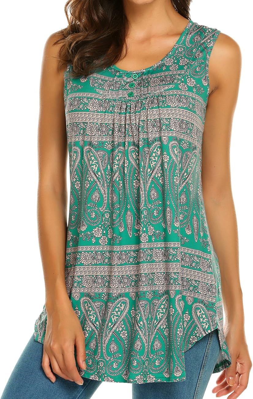 Halife Women's Paisley Printed Pleated Sleeveless Blouse Shirt Casual Flare Tunic Tank Top at  Women’s Clothing store
