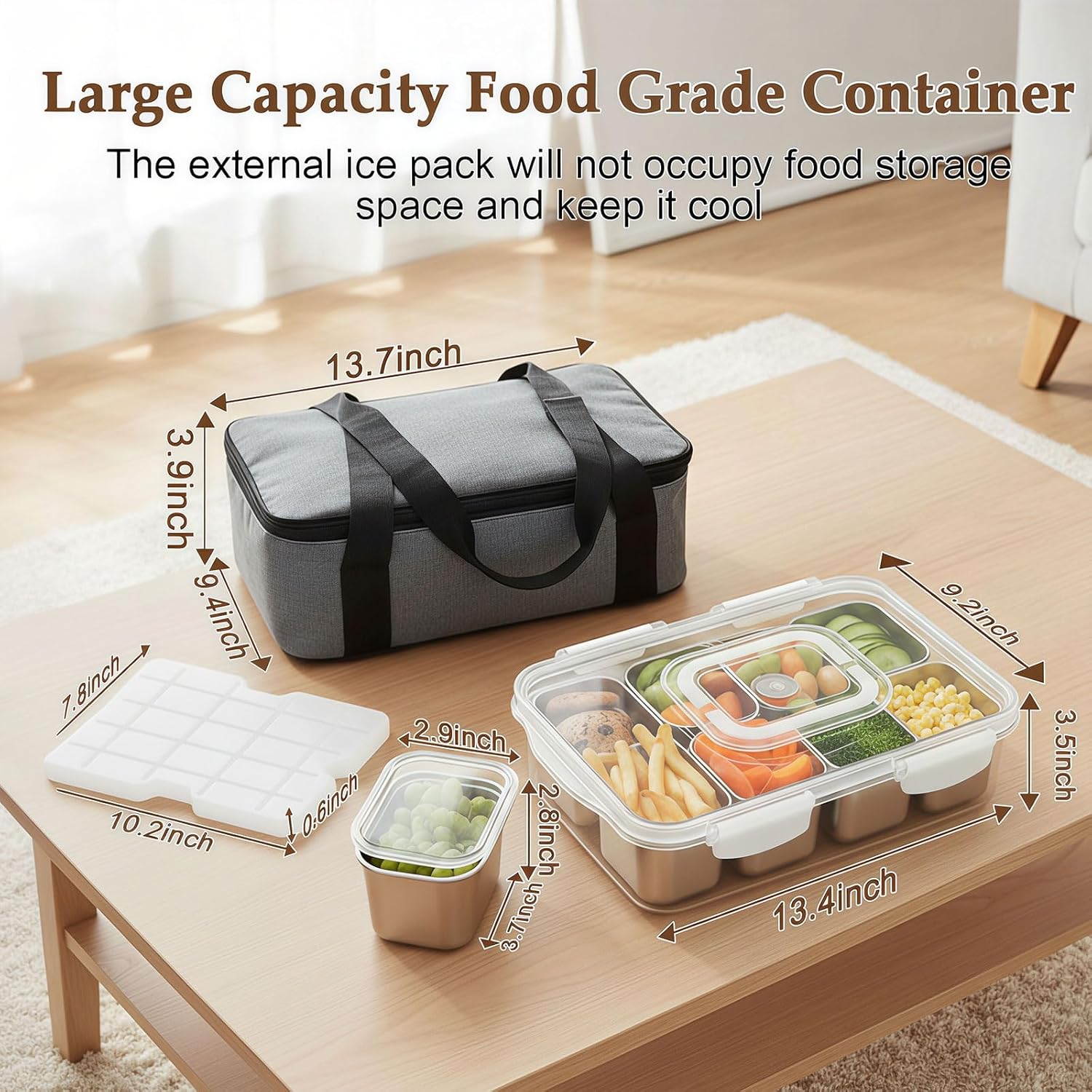Snackle Box Container with Ice Pack Stainless Steel,Portable Snack Boxes with Lid and Insulated Bag,8 Compartment Snackle Storage Divided Serving Tray Beach Road Trip Picnic for Fruit Charcuterie