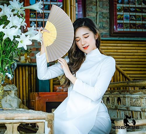 Miniatura 53 de FANSOF.FANS Abanico de mano plegable de mano de tela con borla de grado A, varillas de bambú para mujeres y niñas, fiesta de verano, eventos, Azul