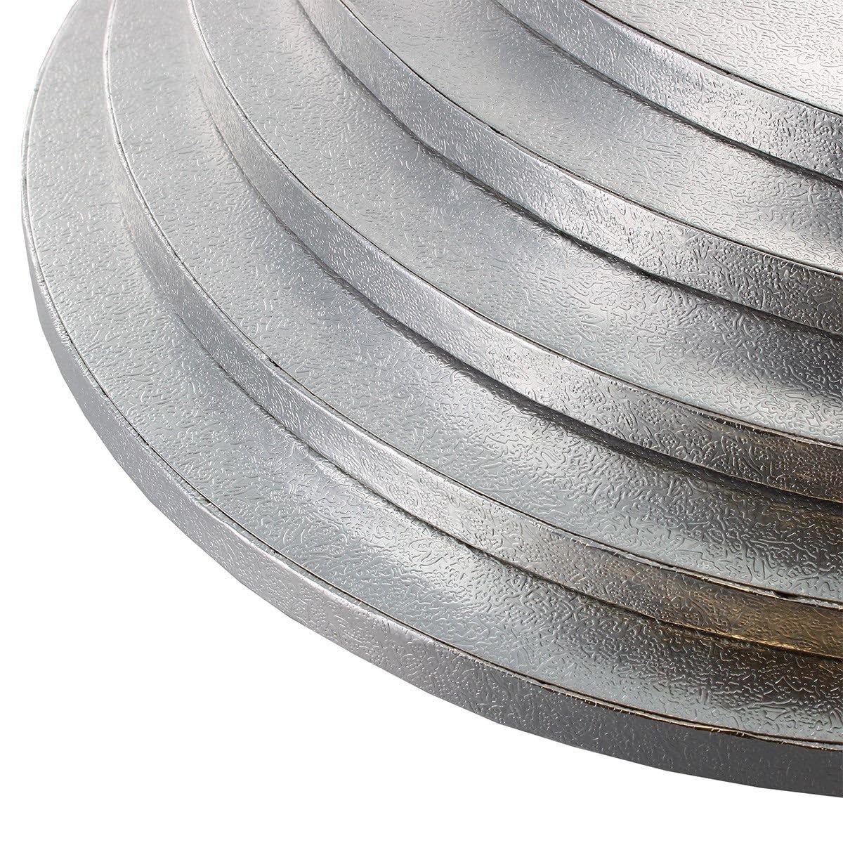 LARRYROO Pack of 5 Round Cake Drums 13mm Thick Boards Colourful Foil Covered (Silver, 5 Inches)