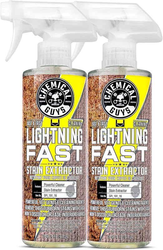 Chemical Guys, Extractor de alfombras y tapicería ultrarrápido, 16 oz, paquete de 2 | Elimina la suciedad del café, los refrescos, el vino y las mascotas en alfombras, asientos y tapetes; simplemente rocíe, agite y seque para obtener una apariencia limpia.