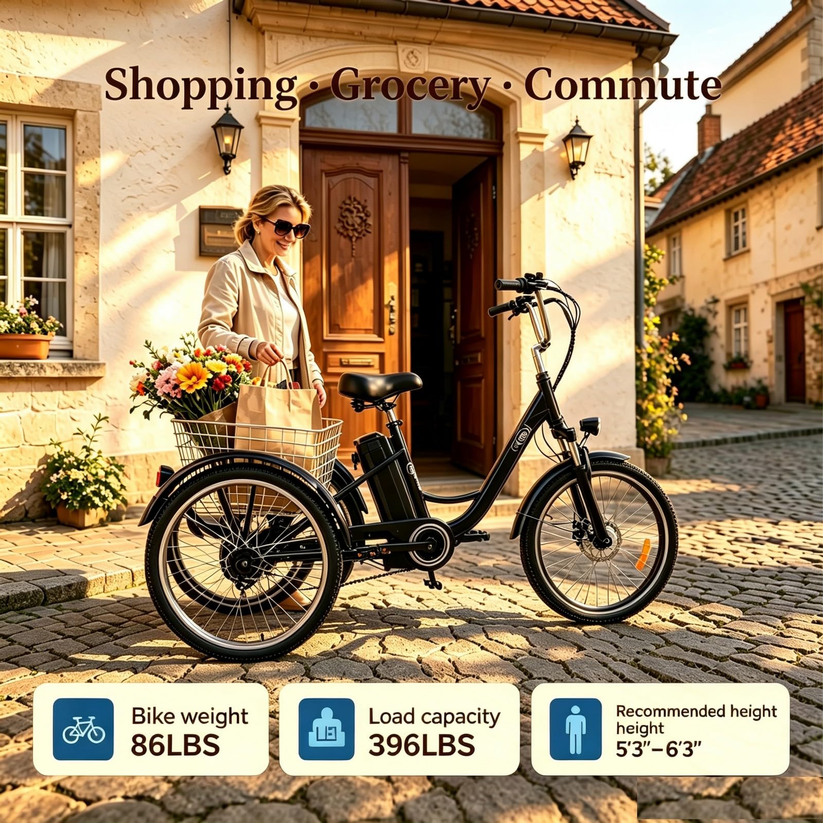 Triciclo elettrico per adulti M300 Batteria rimovibile da 36 V, 18 Ah