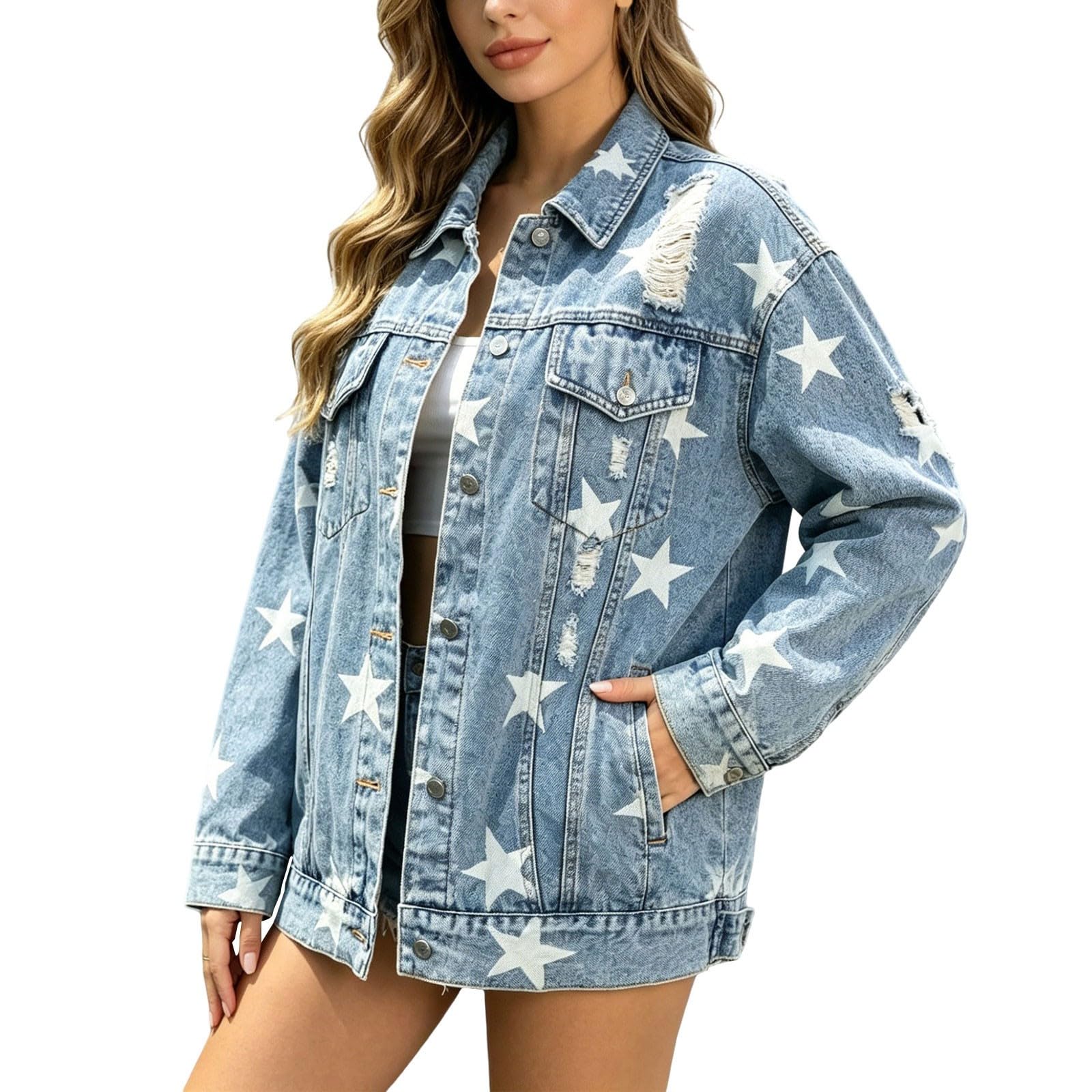 Chaqueta vaquera para mujer con estampado de estrellas y grietas, chaqueta vaquera Y2k Aesthetic | Chaqueta vaquera para mujer, estilo informal, larga, con bolsillo