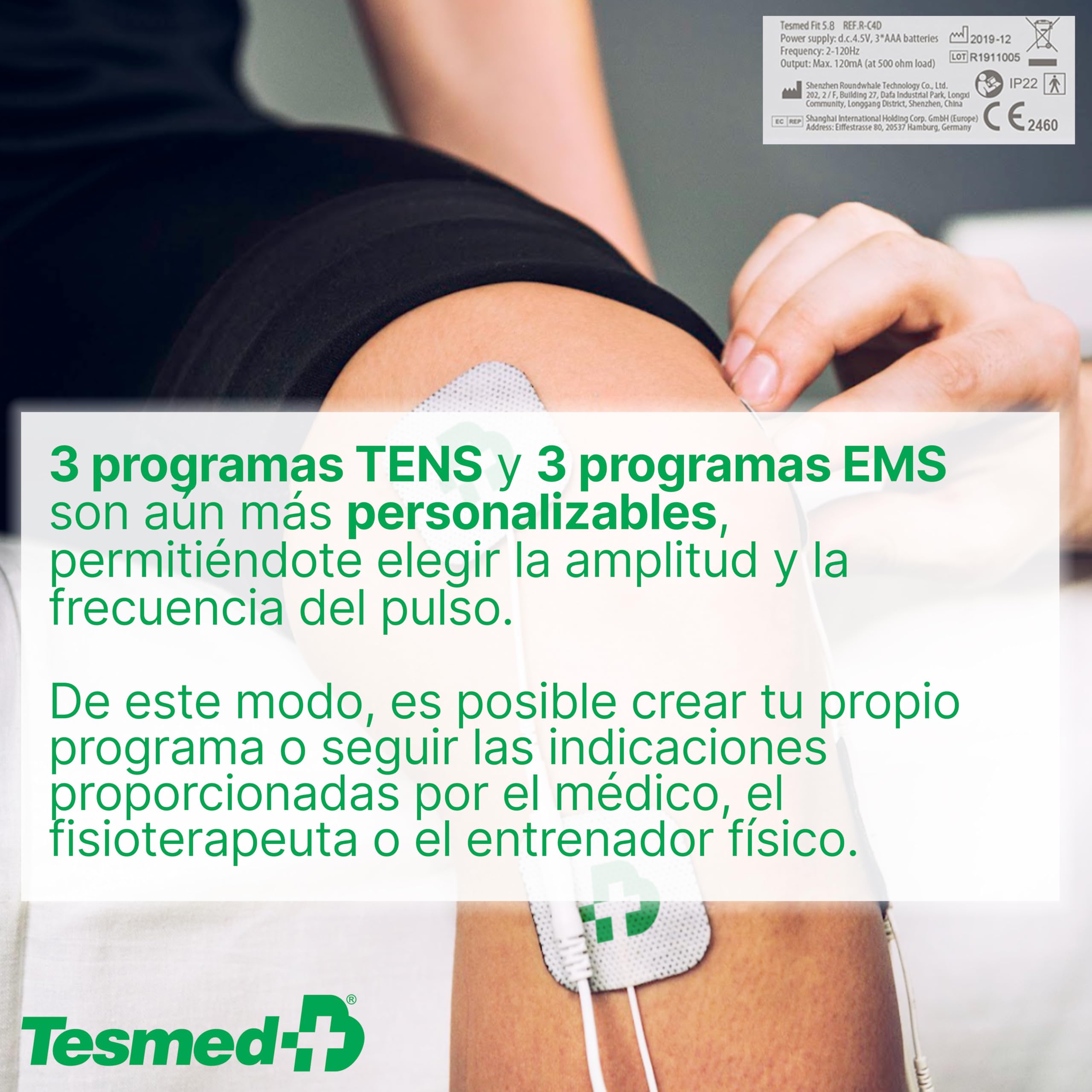 TESMED Fit Electroestimulador Muscular para EMS, TENS, Masaje (3 en 1), 22 Programas de los cuales 6 Personalizables, Aliviar el Dolor y Estimular Abdominales, Glúteos, Pectorales