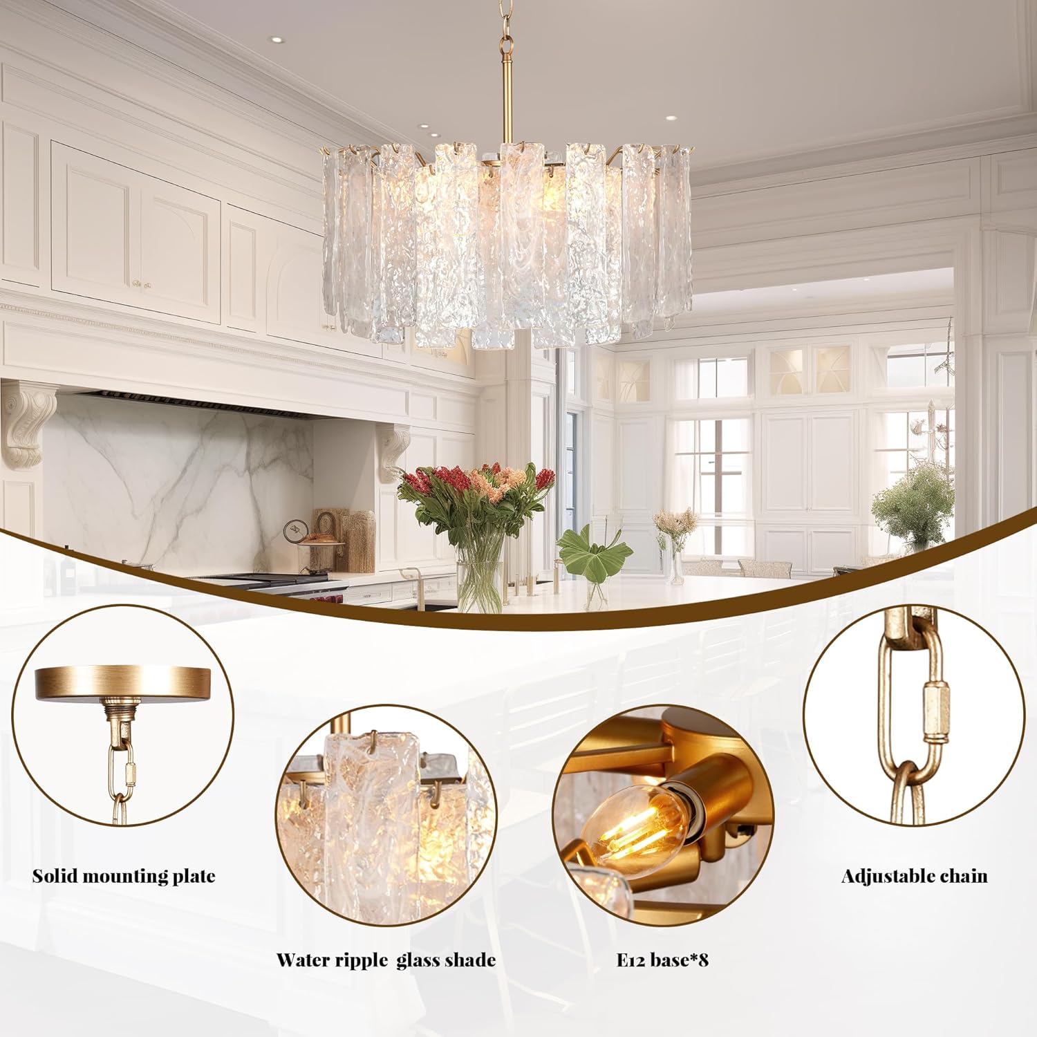 8-Light Modern Ripple Glass Dining Room Light Fixture 24" Gold Drum Crystal Chandelier Kitchen Island Lighting Farmhouse Round Hanging Ceiling Pendant Light for Bar Table Living Room Entryway