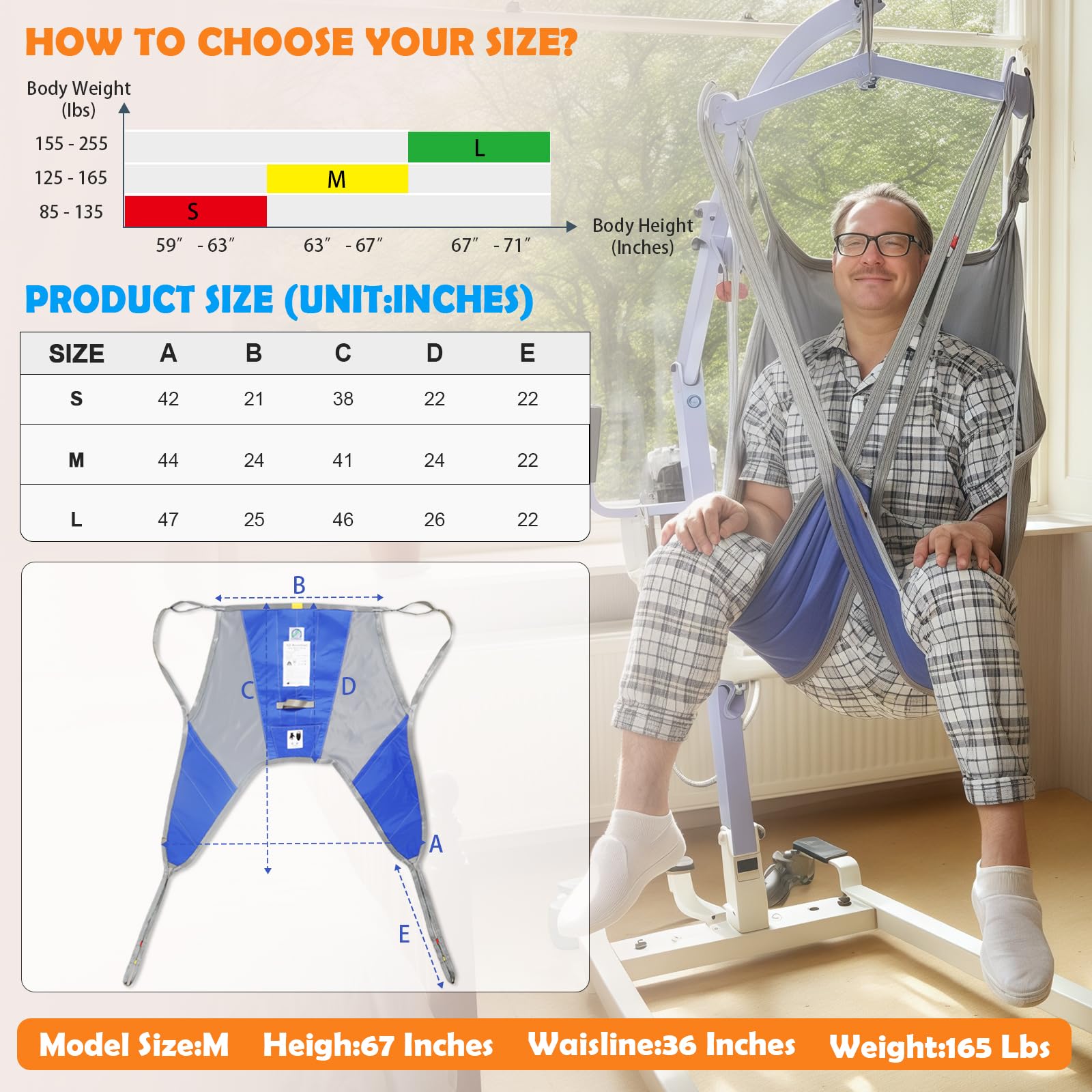 EZ Assistive Eslinga de elevación para pacientes de fácil ajuste con espalda baja, correa higiénica para traslado o baño de pacientes ancianos/postrados en cama, SWL 500 libras