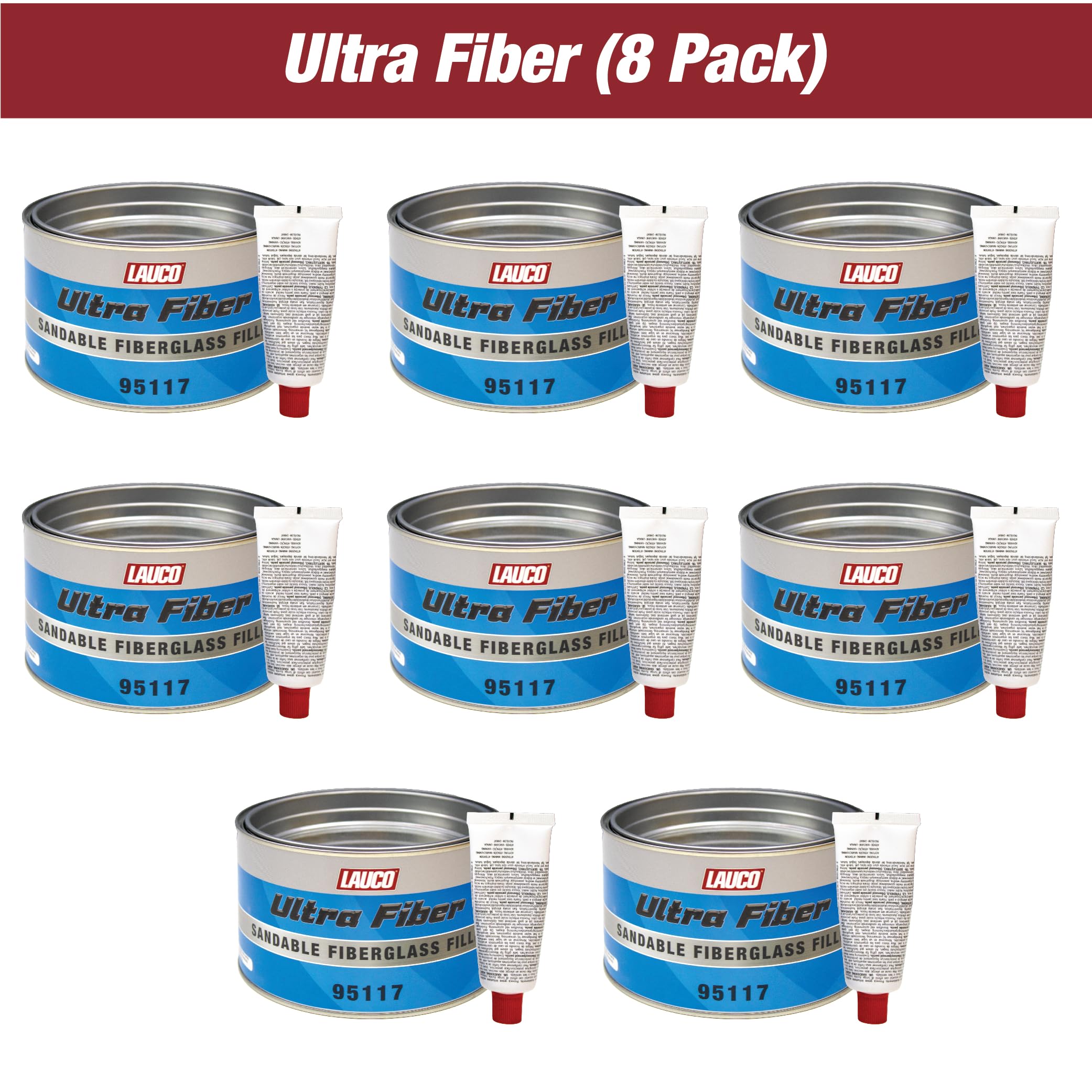 LAUCO Ultra Fiber Sandable Fiberglass Filler - Pack of 8 - Bridges Holes, Water Resistant, Lightweight - Ideal for Fiberglass, Steel, Plastics, Base Color of Yellow-Green, 8 Quart + 8 Hardener