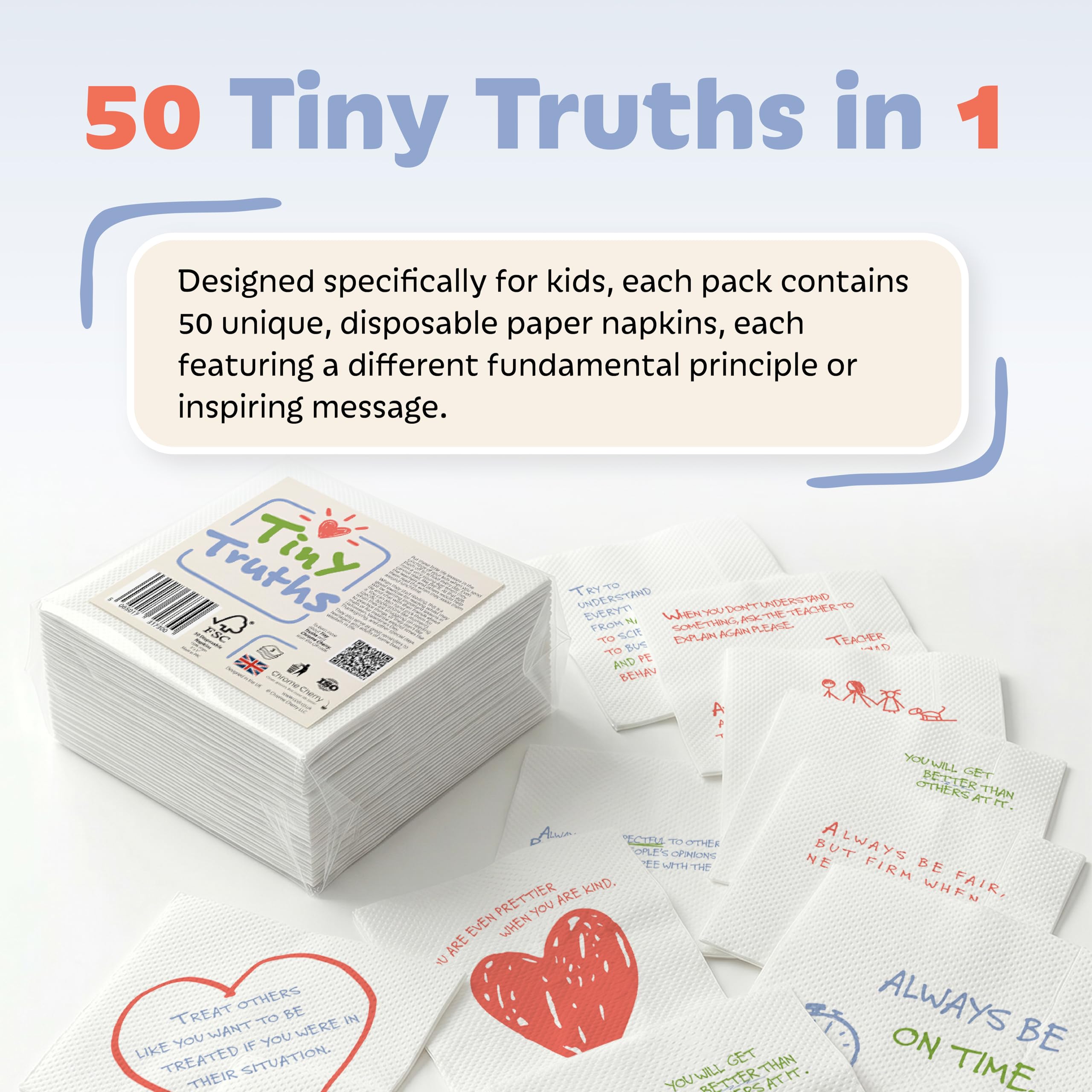 Tiny Truths Kids Serwetki - 50 unikalnych ręcznie rysowanych zwrotów mądrości - zabawne jednorazowe papierowe serwetki do szkolnego pudełka na lunch - pozytywne afirmacje - imprezy i codzienne