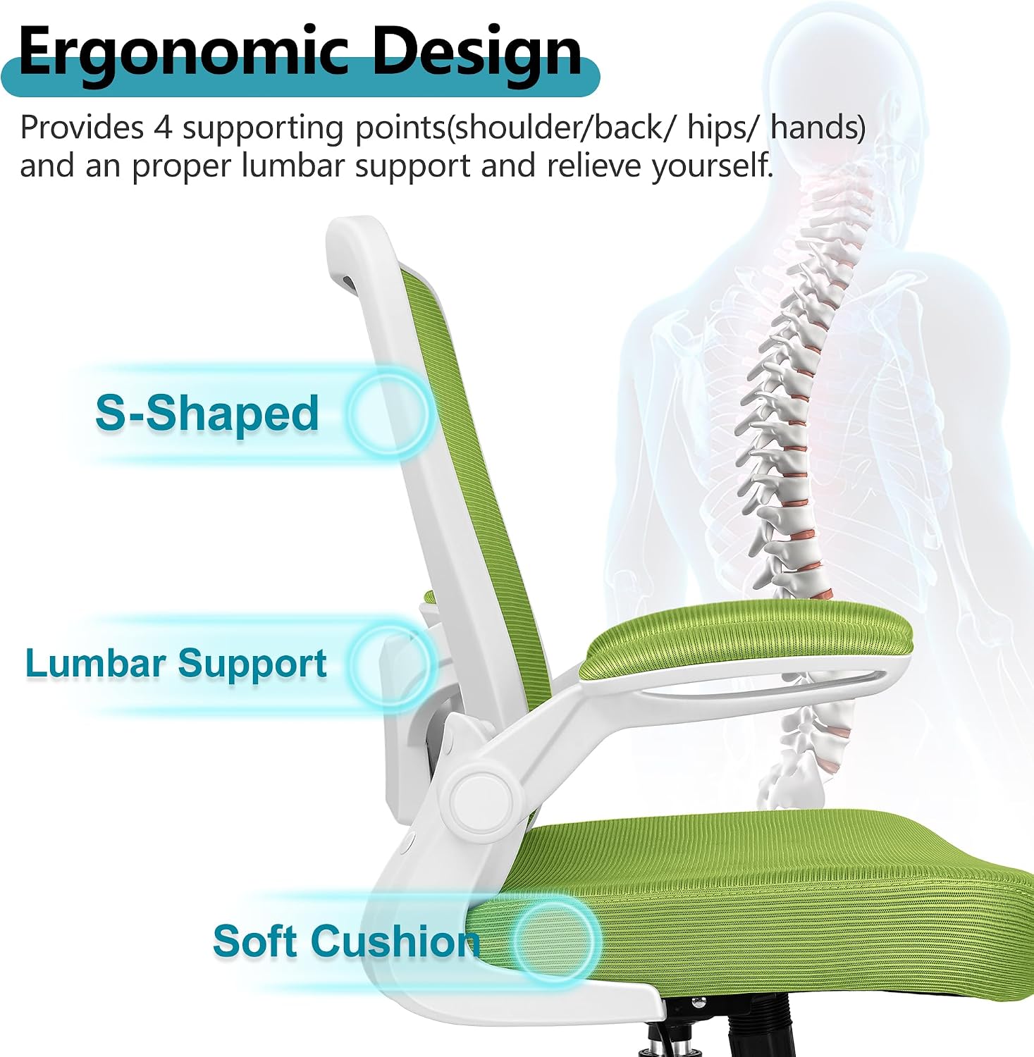 FelixKing Office Chair, Ergonomic Desk Chair Breathable Mesh Chairs Adjustable High Back Lumbar Support Flip-up Armrests, Executive Rolling Swivel Comfy Computer Chairs Home Office Green - 4