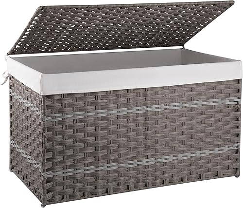 Vista 14 de OIAHOMY Cesta de almacenamiento con tapa, cesta de mantas de 42.3 galones (160L) con forro extraíble, cesta de mimbre sintético con asa, plegable