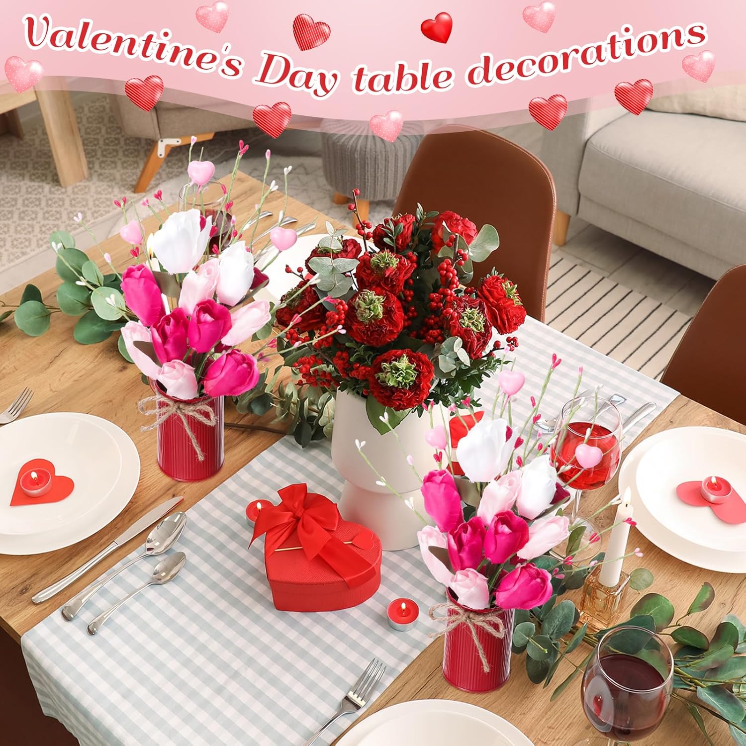 Zeyune 3 Sets Fake Tulip Flower Table Centerpiece, 6 Artificial Tulip Stems Picks with Metal Vase Pot, Fake Flower Arrangement for Wedding Reception, Anniversary Dinner, Mantel & Entryway Decor