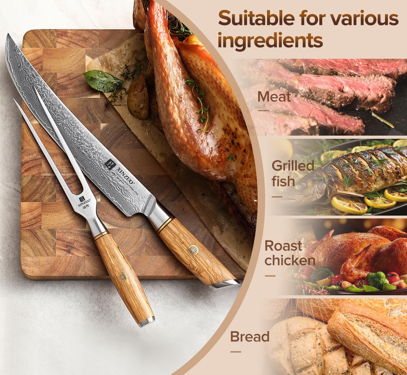 XINZUO 29.7cm Fourchette à Viande 430 Acier Inoxydable Fourchette à Découper, Chef Multifonctionnel Professionnel Barbecue Fourchette -Poignée en Bois d'Olivier -avec Boîte cadeau Exquise