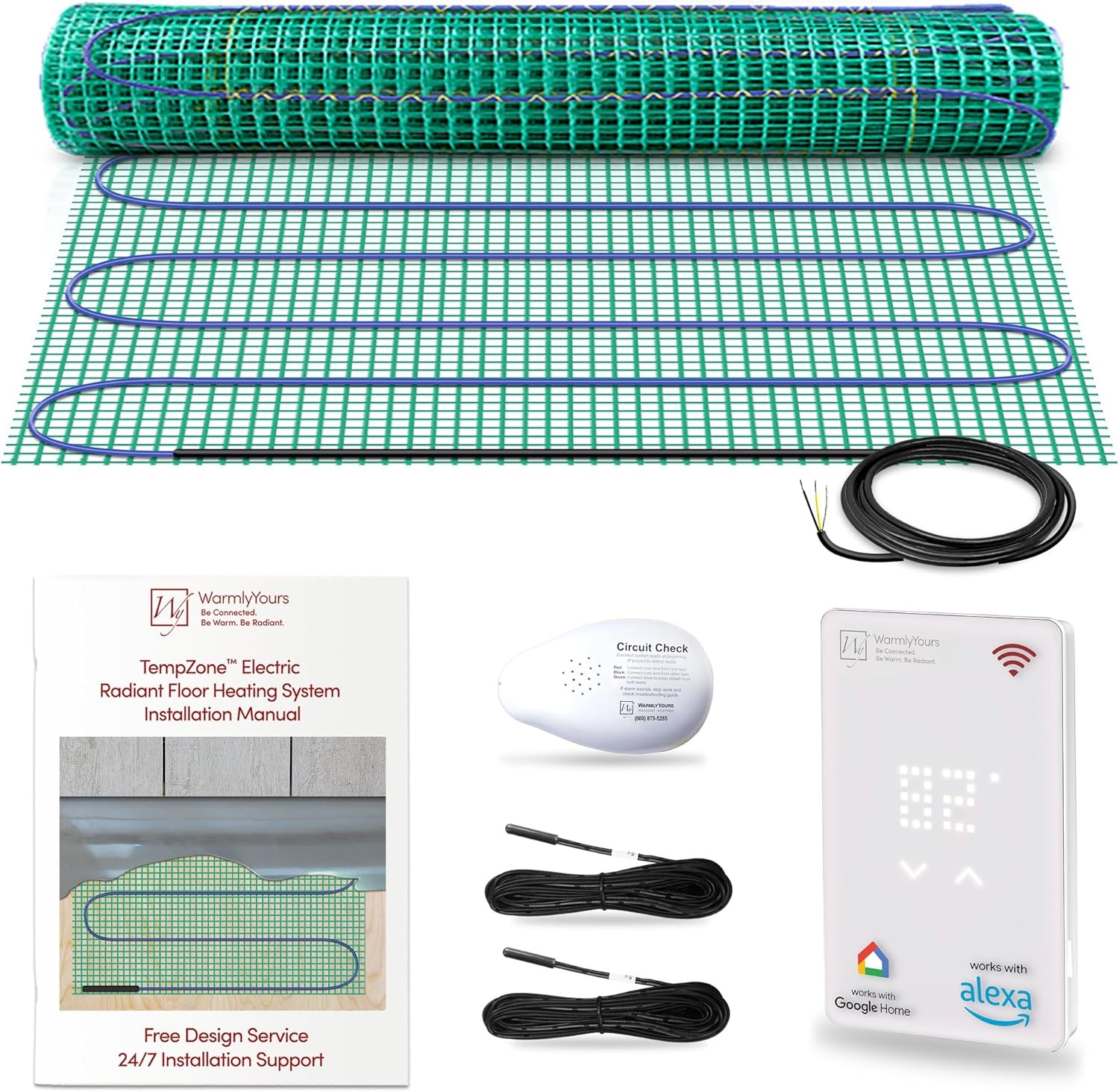 WarmlyYours Heated Floor Mat Kit 3 x 8 ft. - Electric Radiant Heating System for Fast, Even Warmth Under Tile, Stone - with UWG5 WiFi LED Touch Thermostat (TempZone Easy Mat)