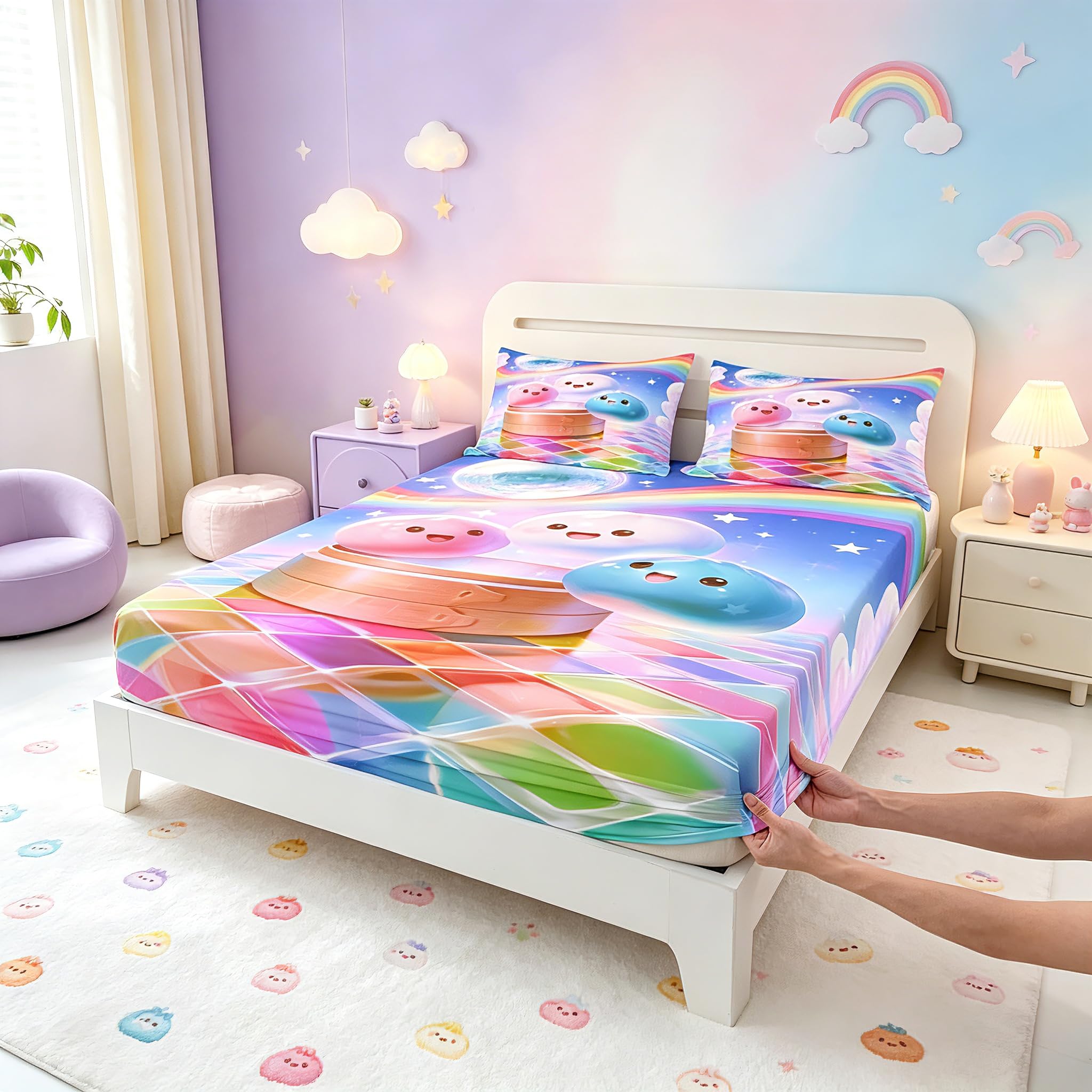Manfei Kawaii Cartoon-Lebensmittel-Spannbettlaken, volle Größe, niedliches Knödel-Bettwäsche-Set, 3-teilig, buntes 3D-Würfel-Bettlaken für Kinder, Jungen, Mädchen, Teenager, Raumdekoration