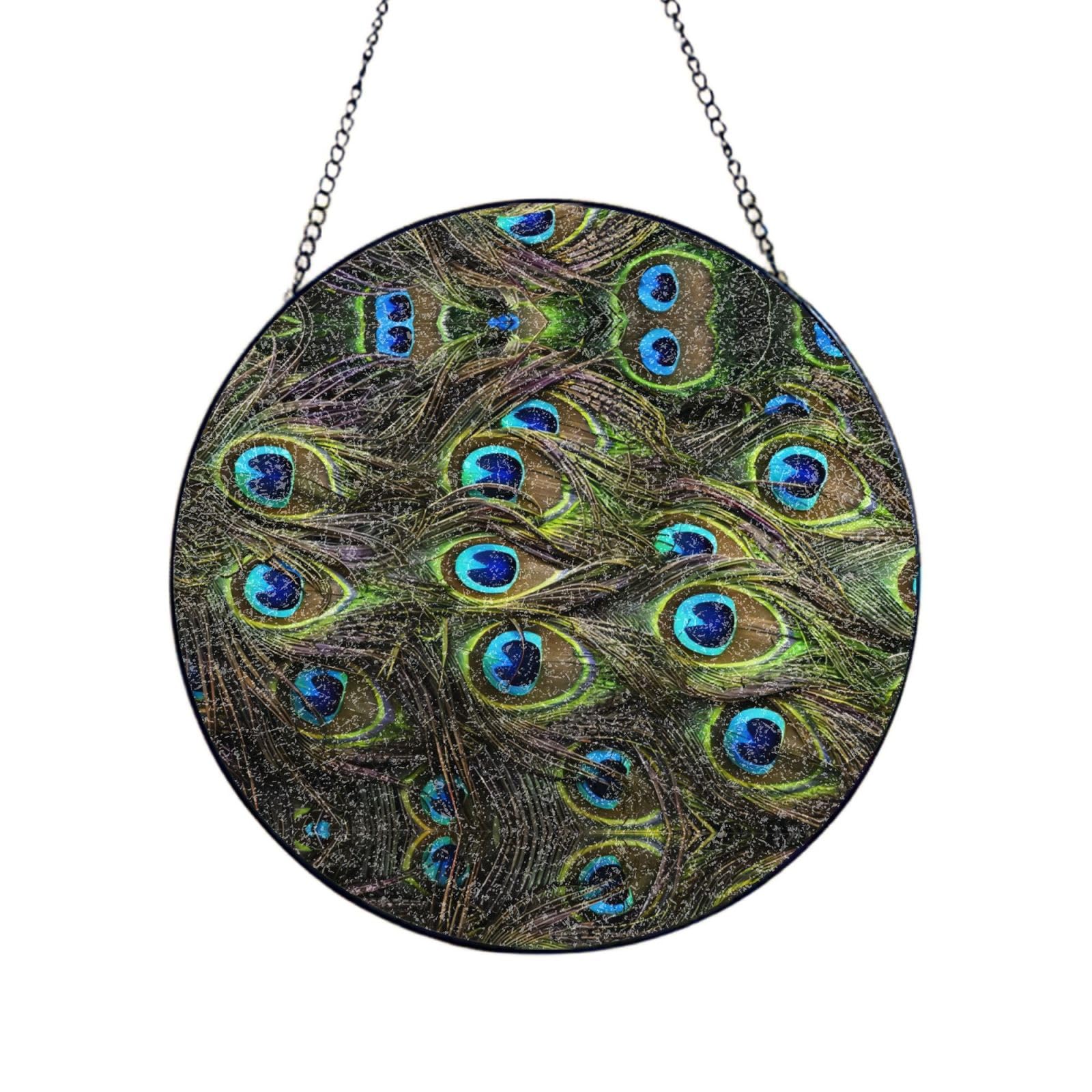 Phayah Fresh Peacock Print Glass Window Hanging Round Suncatcher Glass Ornament Garden Wall Fence Decorations Indoor Outdoor 10in（25cm）