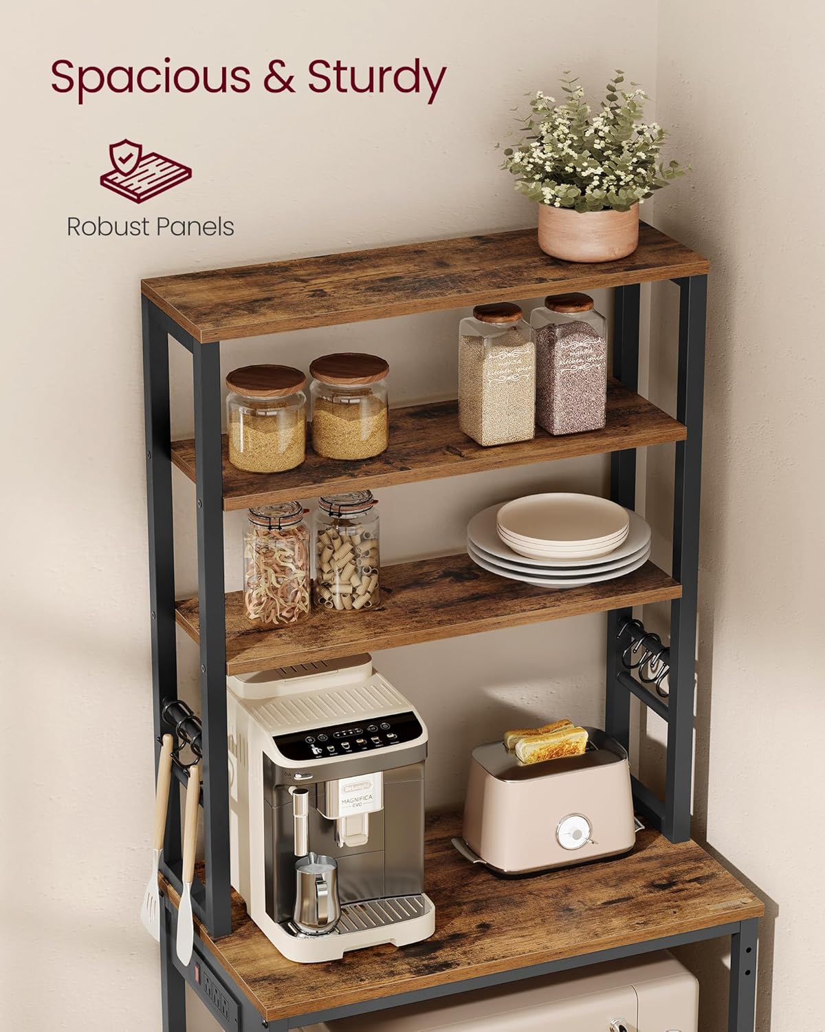 Detailed diagram showing the dimensions and weight capacities of each section of the VASAGLE Bakers Rack.