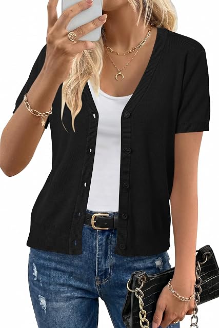 Arach&Cloz 2026 Femmes Laine mélangé à manches courtes Cardigan V Bouton entreprise casual sweaters