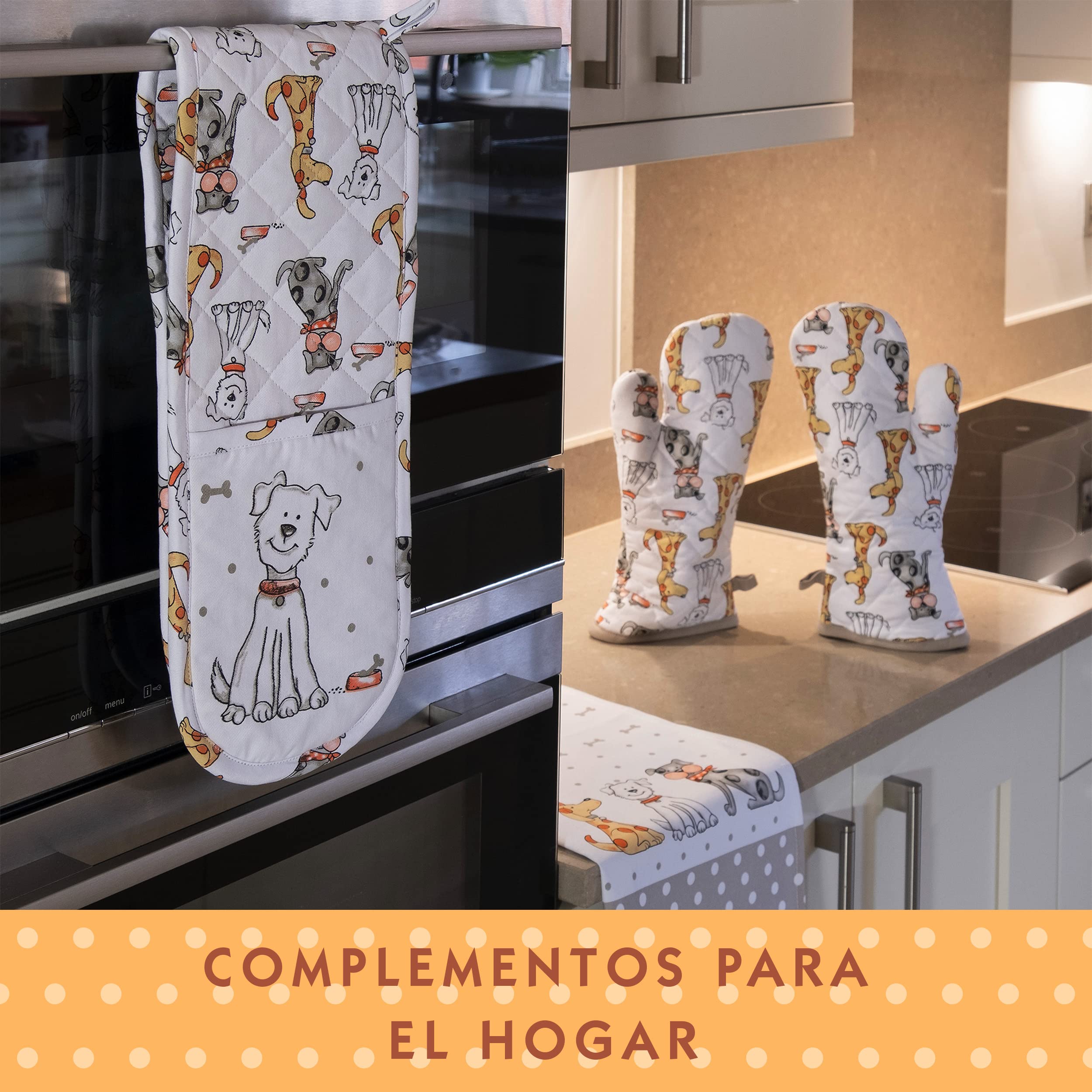 SPOTTED DOG GIFT COMPANY Juego de Regalo de 3 Piezas con Delantal, Paño de Cocina y Guante de Horno Doble, Accesorios Cocina Originales de Perros Lindos, Regalos para Amantes de los Perros