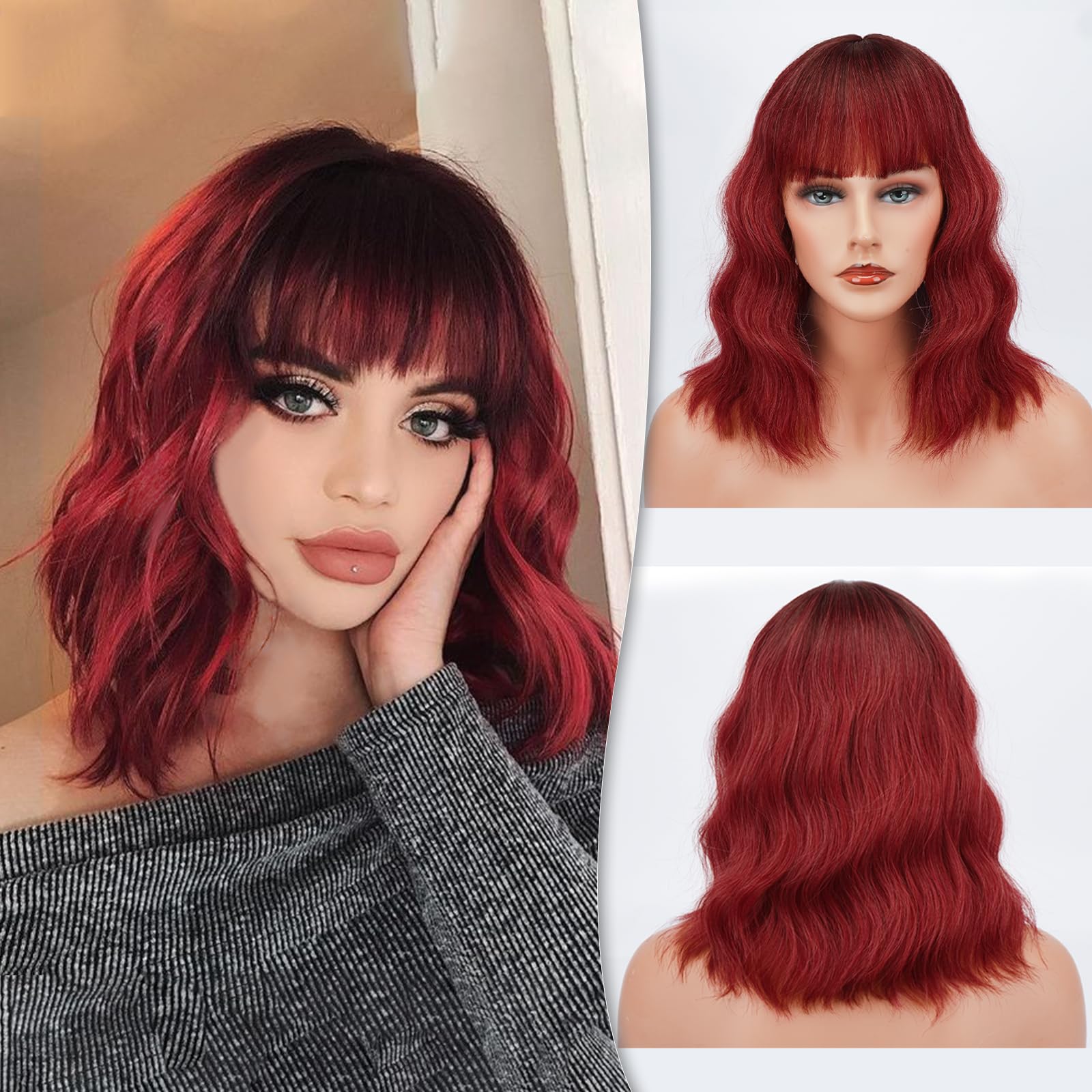 BARSDARPastel Wavy Wig Fluffy Lovely Curly Wigs with Bangs 14 Inches Soft Heat Resistant Synthetic Hair Shoulder Length Cosplay Party Wig with Free Wig Cap for Women/Girl- Red