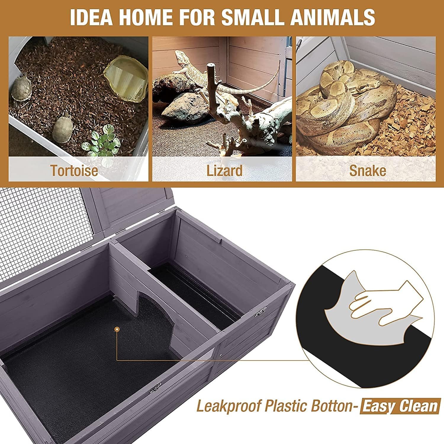 Seiyierr Tortuga Hábitat casa de madera con portalámparas, interior y exterior, recinto para reptiles, jaula para animales pequeños, jaula para tortuga, lagarto, serpiente, patas móviles