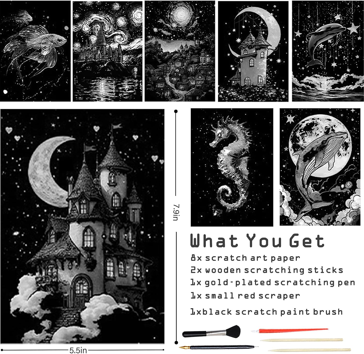 8 Sheets Scratch Art Adult Noctilucent Rainbow Scratch Paper Notebook Paint by Scratch Kit for Arts and Crafts Gift with Scratch Art Tools （Starry Night）