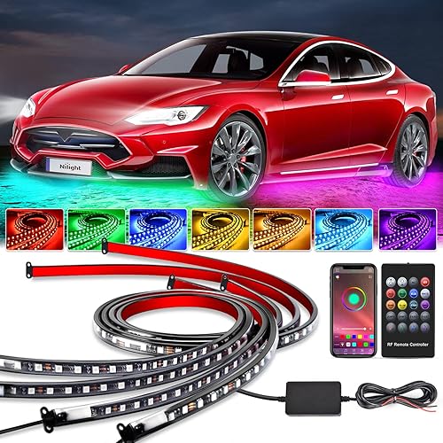 Nilight 4Pcs Car Underglow Neon Accent Strip Lights 256 LEDs RGB Multi Color DIY Sound Active Function Music Mode with APP Control and Remote