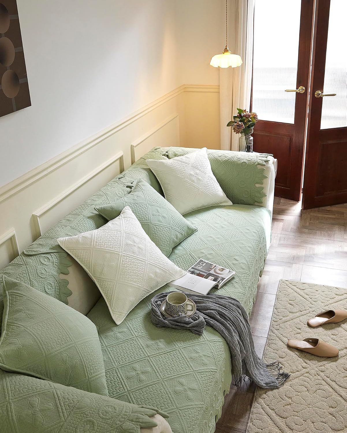 Luxury Cotton Boho 3D Embroidery Sofa Cover Soft Washable Farmhouse Geometry Quilted Sectional Couch Cover Anti-Slip Sofa Slipcovers Furniture Protector for Dogs Cats Pet (Green,28"x70")