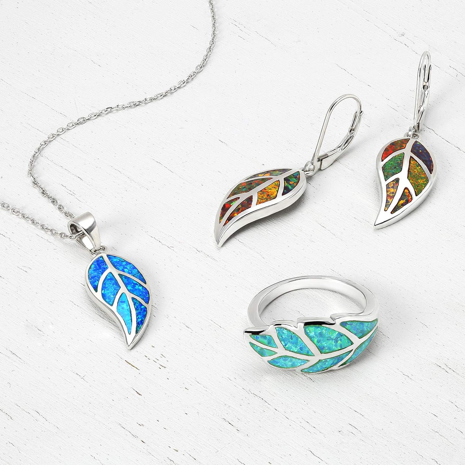Native American Inspired Red Brown Blue Created Opal Inlay Lever back Nature Leaf Dangle Drop Earrings Pendant Western Jewelry SetmFor Women .925 Sterling Silver Fish Hook