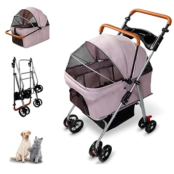 Pet Stroller with Storage Basket and Cup Holder, Folding Dog Jogger, Foldable Cat Stroller, 3 in 1 Puppy Kitten Cart, Pet Jogger for Medium Dog Cat Pink