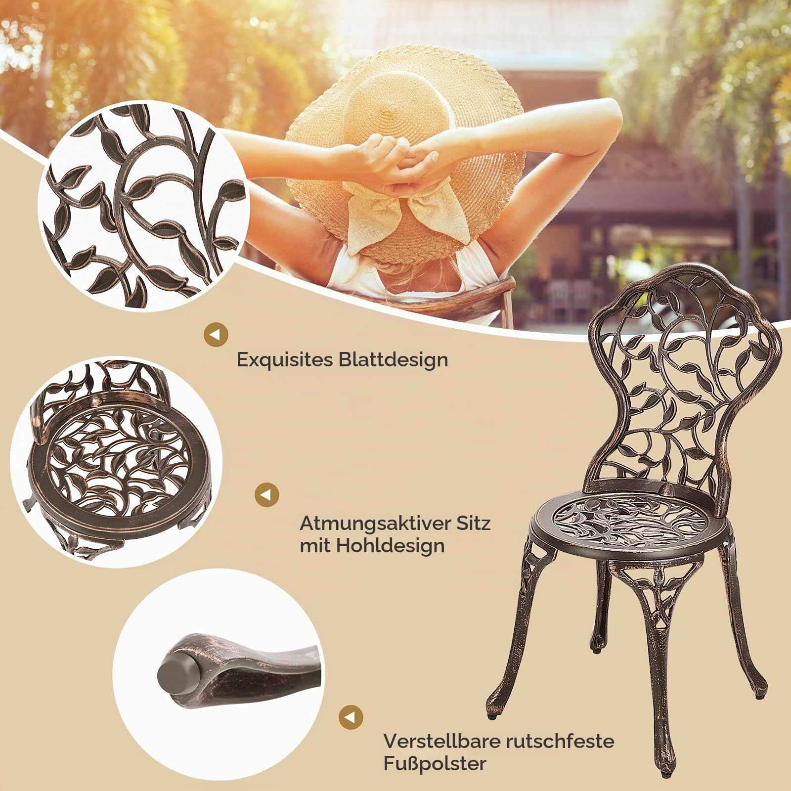 GIANTEX 3 TLG. Bistro Set, Bistrotisch mit 2 Stühlen, Gartenmöbel Set Alu, Gartenset Balkonset antik, runder Gartentisch, Balkonmöbel Set Garten Sitzgruppe 2 Sitzhocker Outdoor Bronze