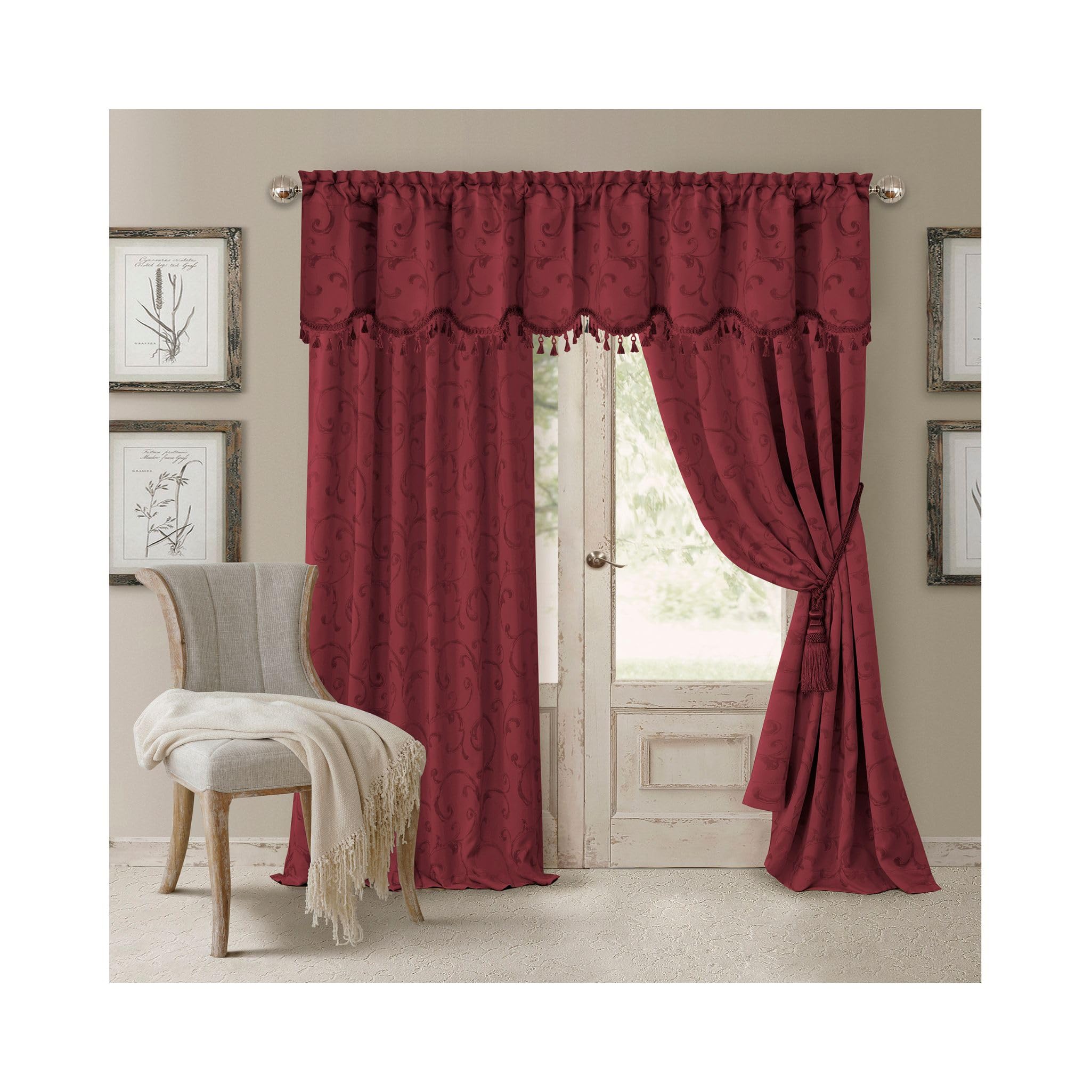 Elrene Home Fashions Mia Jacquard Scroll Blackout Window Curtain, 52" x 95" (1 Panel), Rouge, W 52" x L 95" (1 Panels) - Image 2