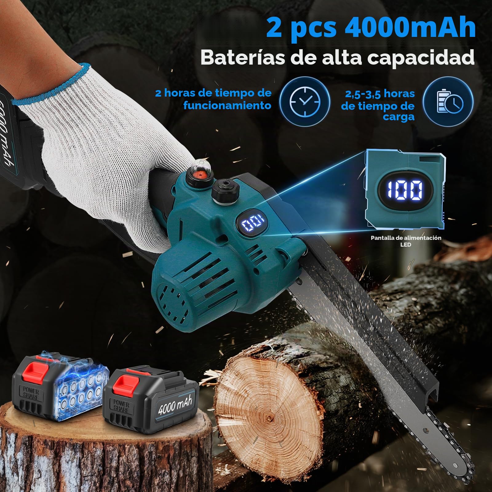 Sierra de Cadena Inalámbrica 8 Pulgadas, Mini Motosierra con 2 Baterías y Motor 950W. Hoja Convertible 6 u 8 Pulgadas Para Madera, Poda de Ramas y Jardinería (Blue)