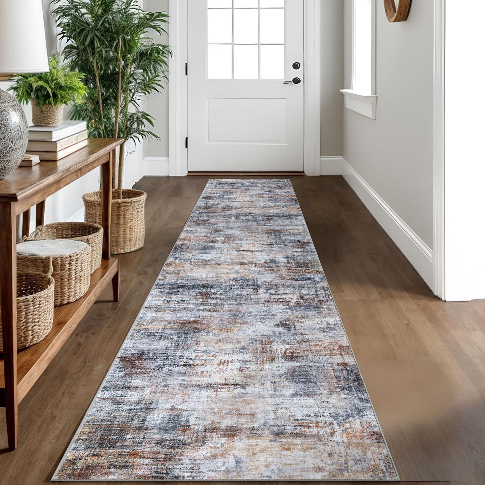 IOHOUZE Abstract Runner Rug 2x10 Ft Washable Runners for Hallways, Non Slip Kitchen Runner Printed Faux Wool Entryway Runner Indoor, Modern Abstract