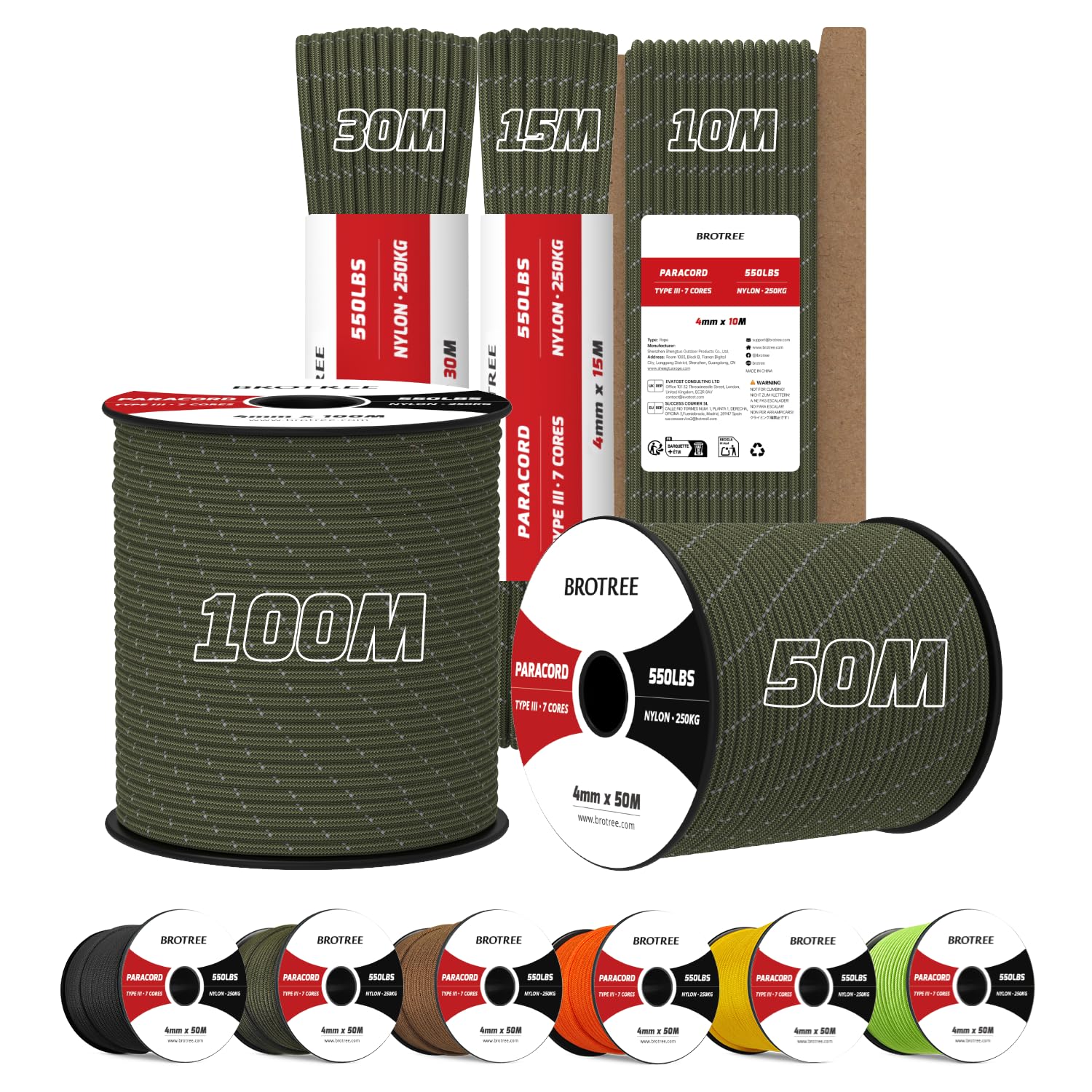 Brotree 4mm Paracord 550 10M 100% Nylon Rope 7 Strands Type III Parachute Cord for Outdoor and DIY - 250kg Breaking Load (Reflective Army Green)