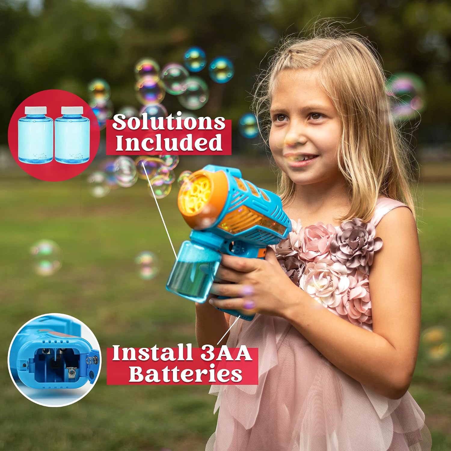 JOYIN 2 Bubble Guns with LED Lights and Music，Bubble Maker and Blower, Indoor and Outdoor Play, Kids Party Favor, Game Toys, Summer Themed Party and Birthday (Blue+Green)