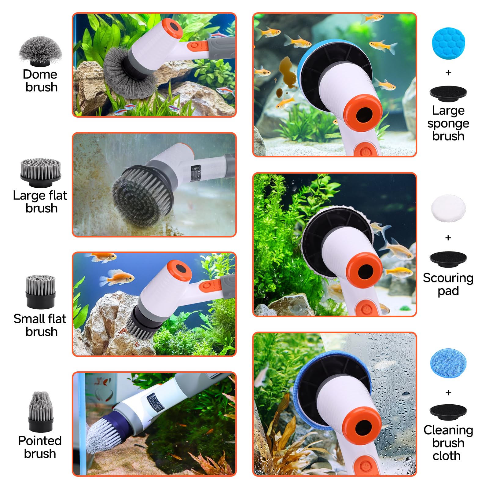 fishkeeper Elektrischer Aquarium Scheibenreiniger mit 8 Aufsätzen, 2500mAh-Akku IPX9 Algen Entfernen Set, 18-100cm Verstellbarer Teleskopgriff, 3 Geschwindigkeiten für Aquarium Reinigung & Haushalt