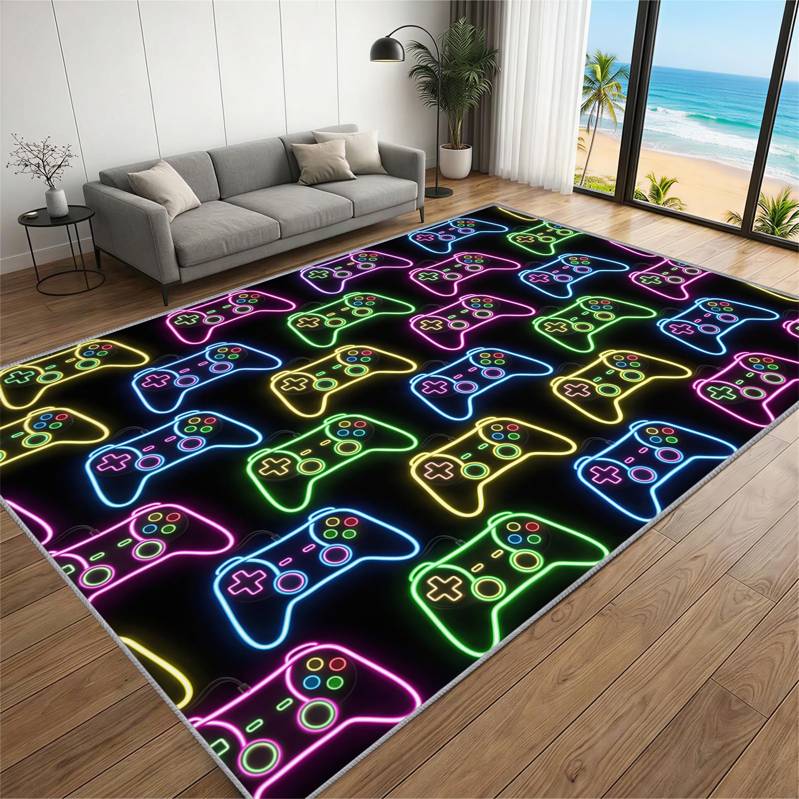 BEQUTIY Boy Gaming Area Rug 150 x 210 cm, Boys Bedroom Game Theme CarpetColorful Game Controller Pattern Floor Mat for Machine Washable Mat Sound Blocking Rugs, for Game Room Bedroom Office